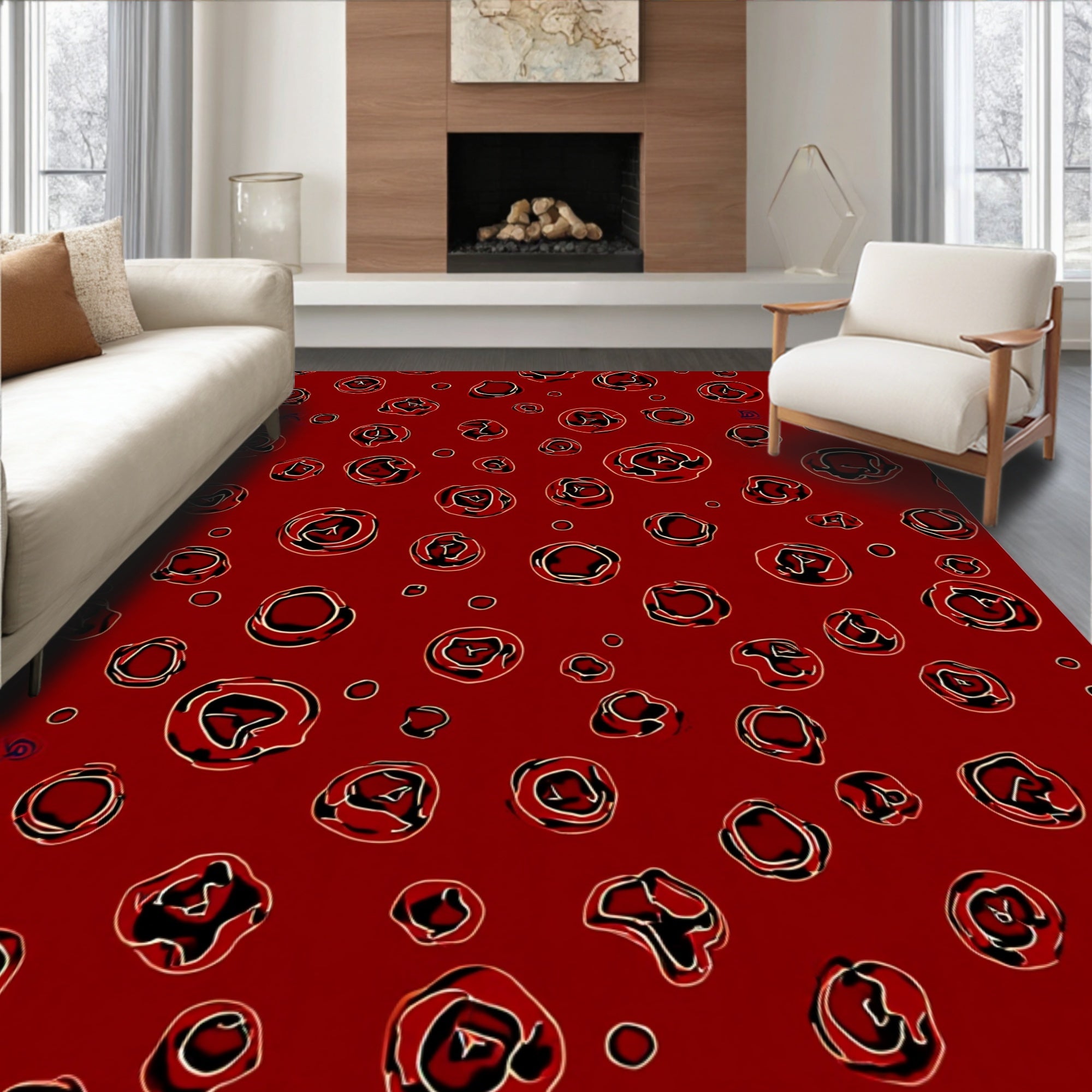 Bold Red Floral Burst Pattern Rug