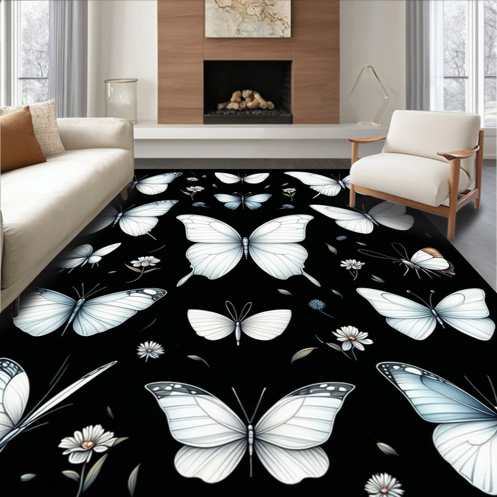 Elegant White Butterfly Pattern Rug