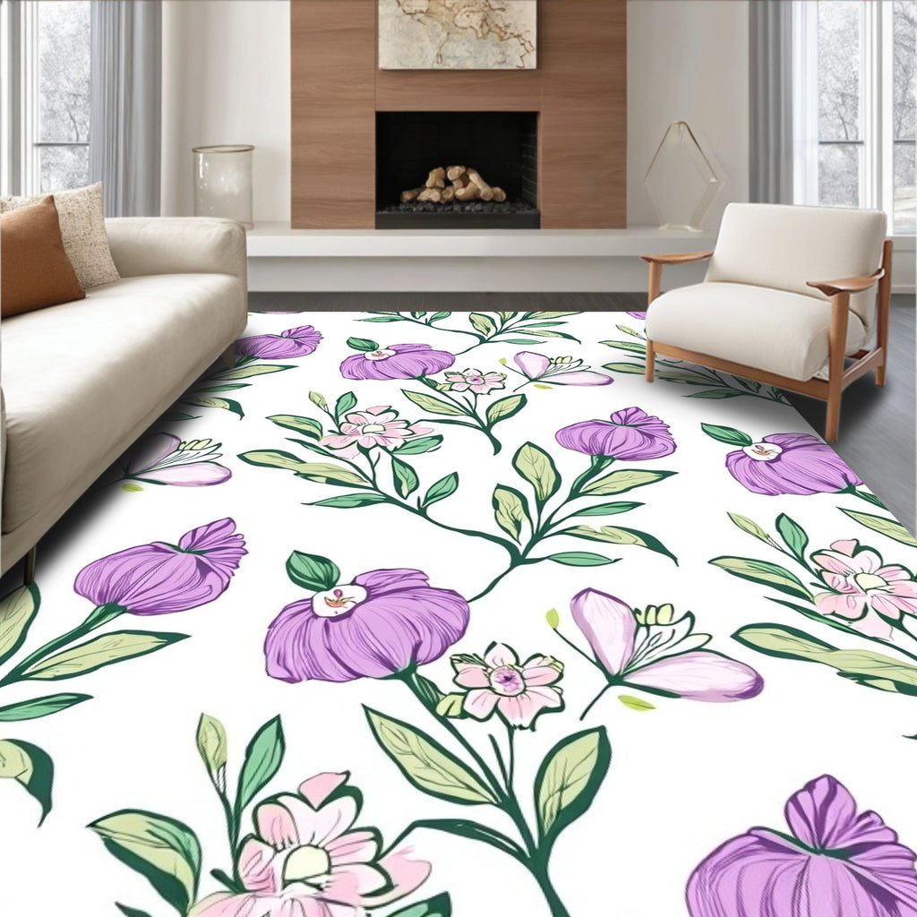 Delicate Purple Floral Botanical Design Rug