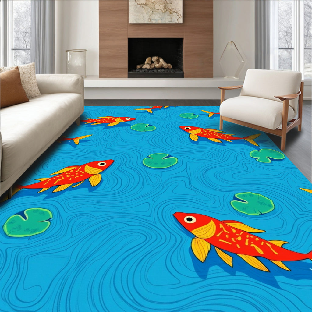 Red Fish Lily Pads Pond Design Rug