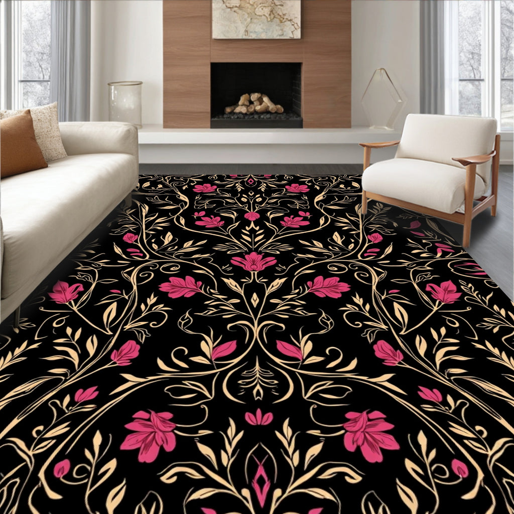 Black Floral Vines Pattern Rug