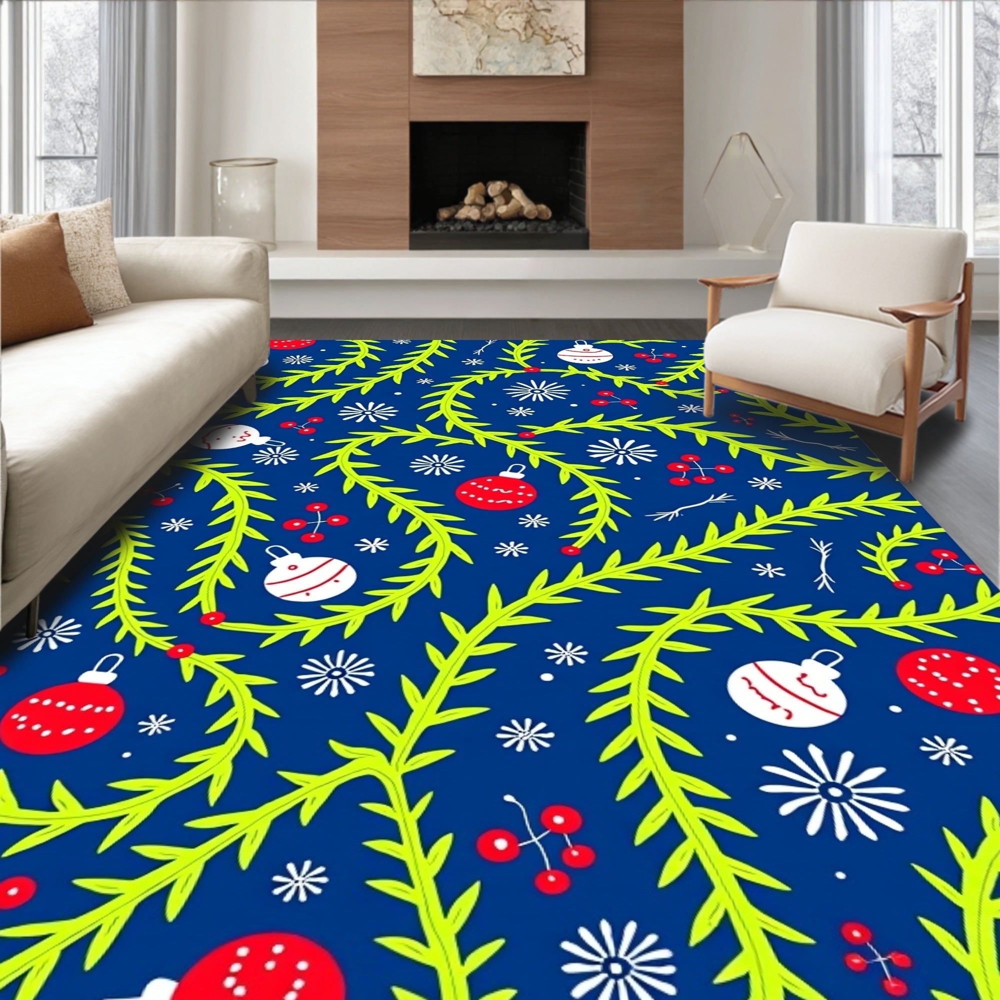 Christmas Ornaments Snowflakes Evergreen Twine Rug