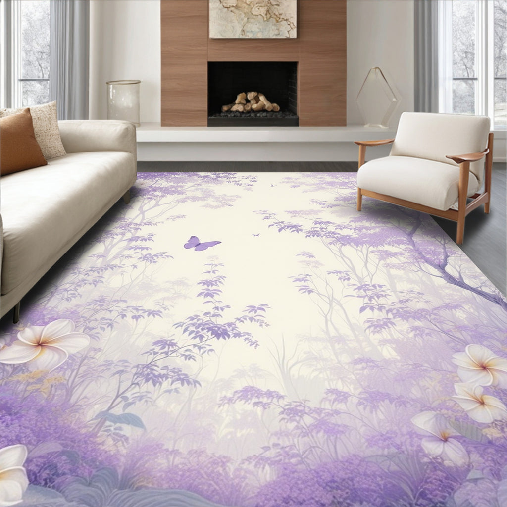 Enchanted Forest Lavender Butterflies Floral Design Rug