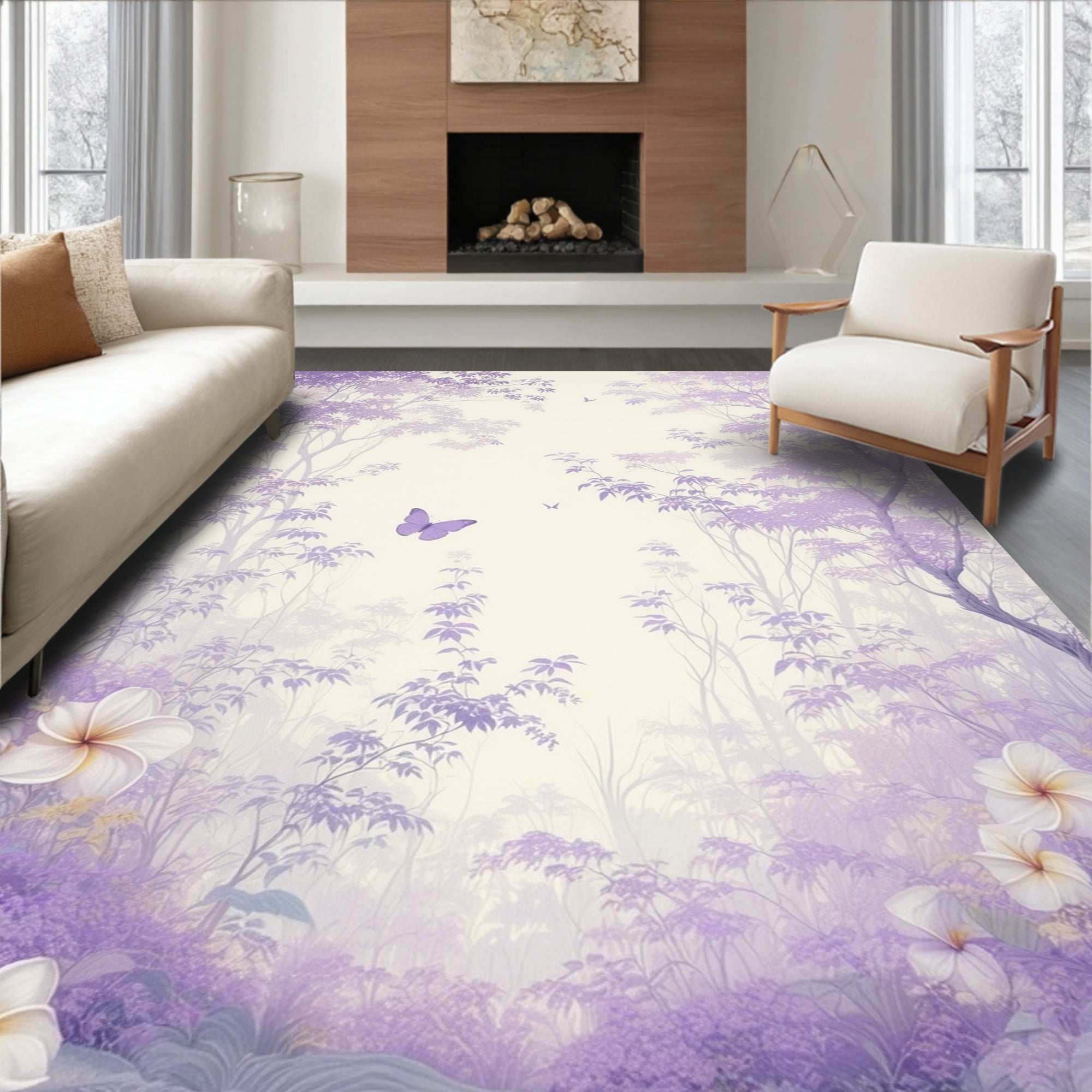 Enchanted Forest Lavender Butterflies Floral Design Rug