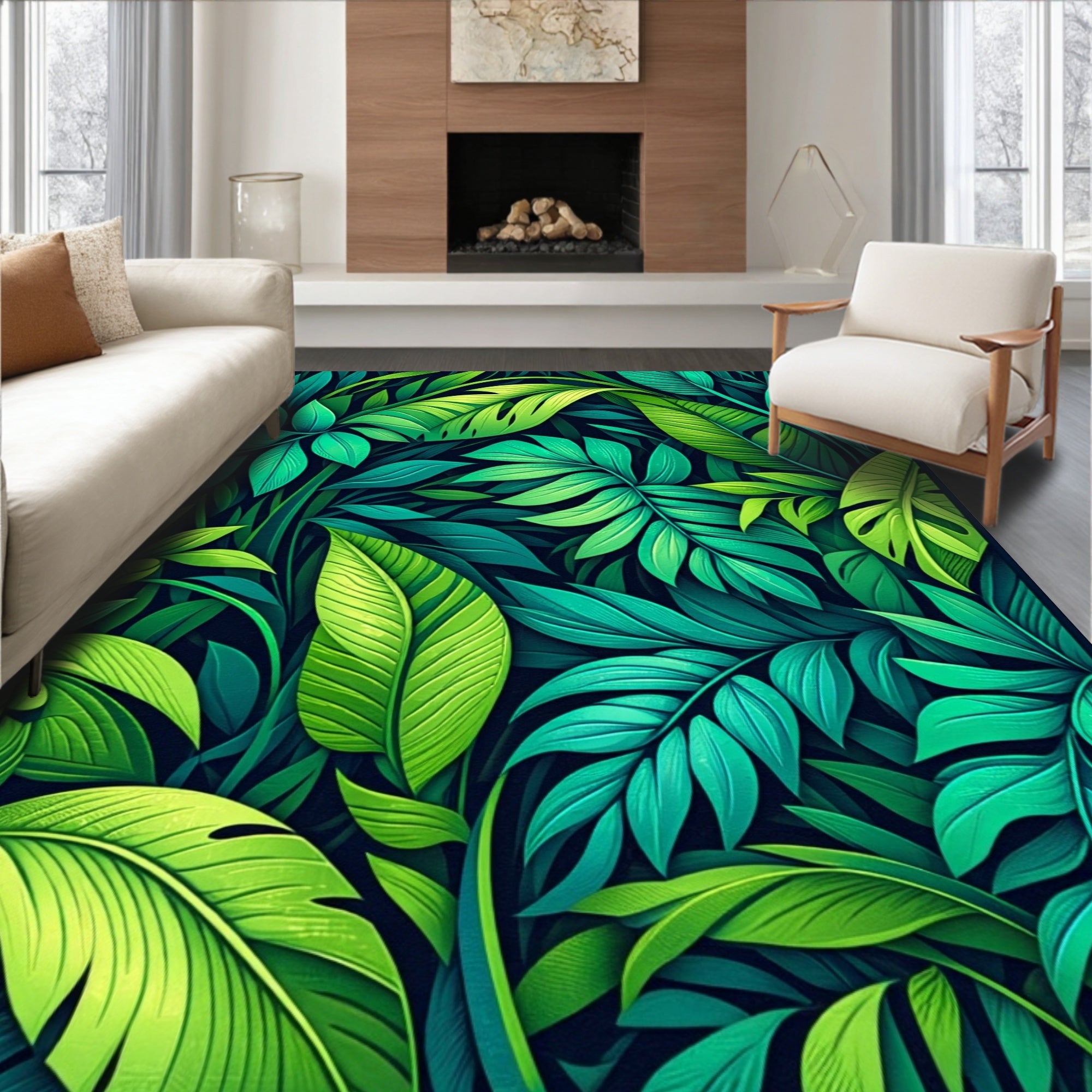 Lush Tropical Leaf Pattern Rug