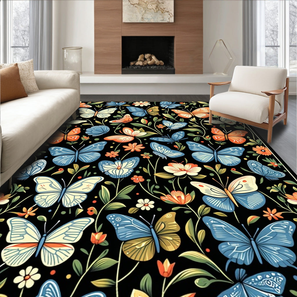 Whimsical Butterfly Floral Garden Pattern Rug