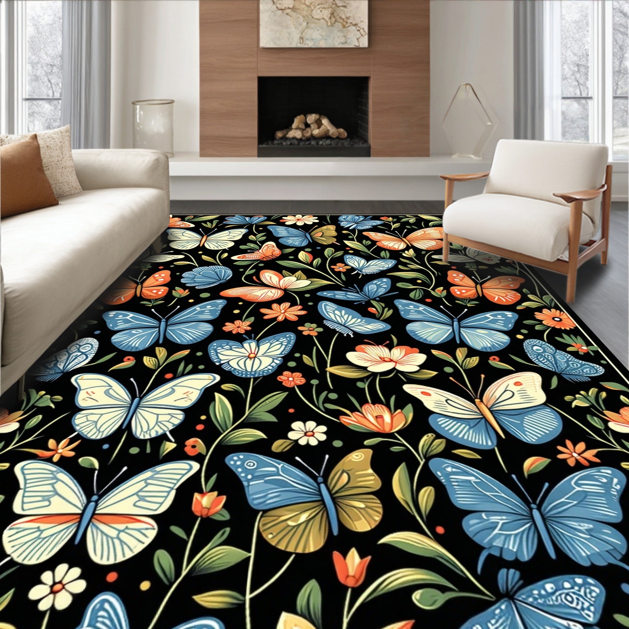 Whimsical Butterfly Floral Garden Pattern Rug