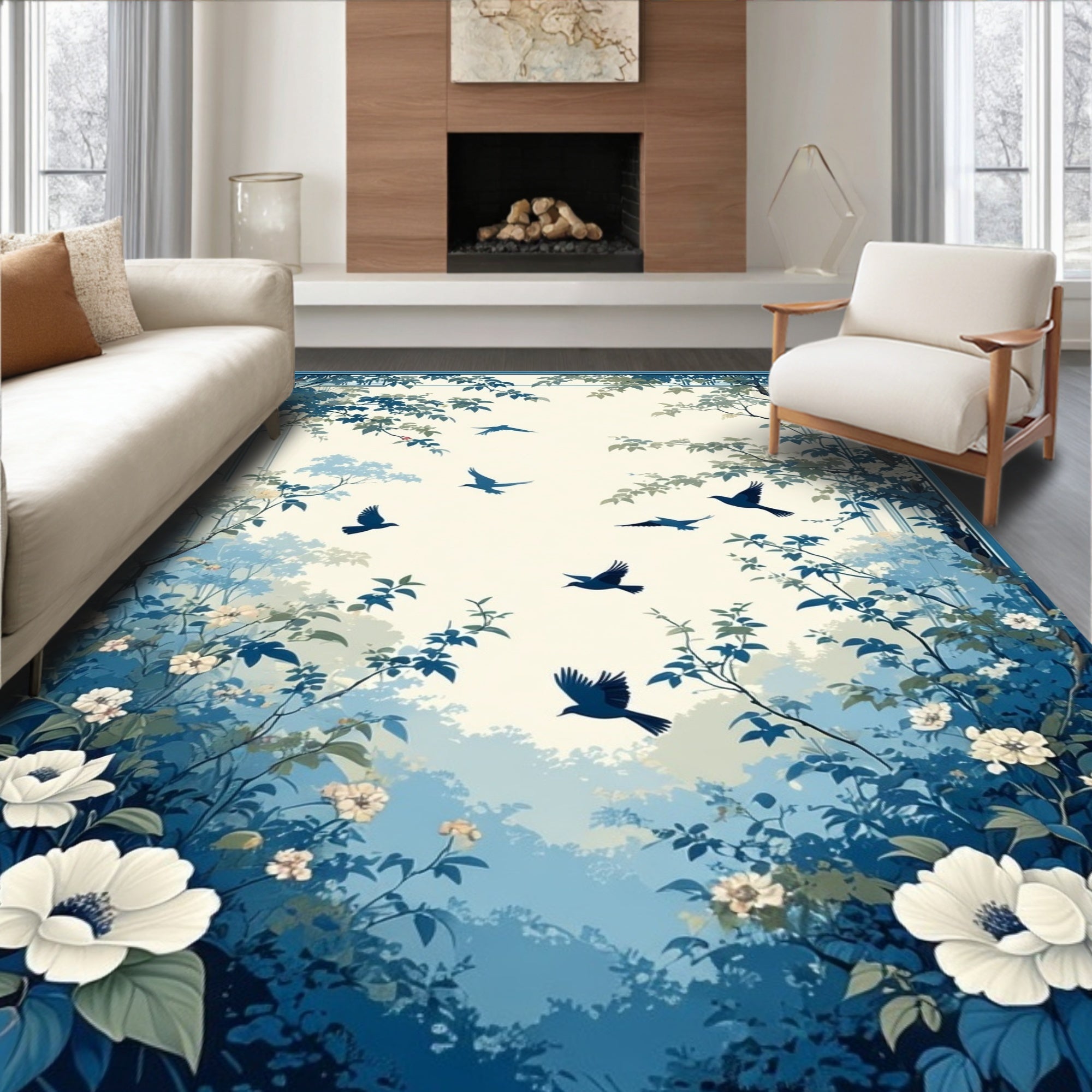 Blue Birds In Floral Grove Design Rug