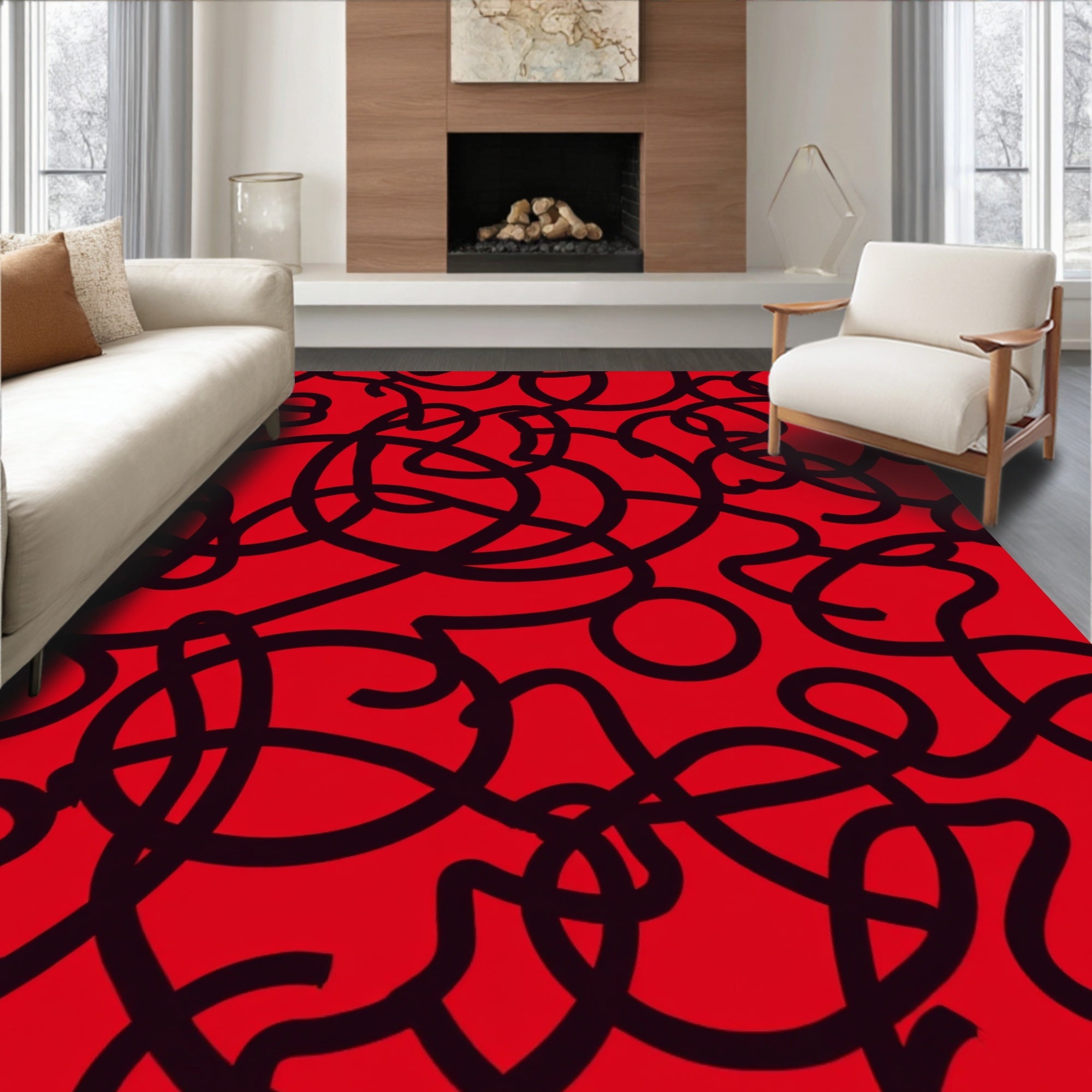 Bold Black Abstract Wavy Lines Rug