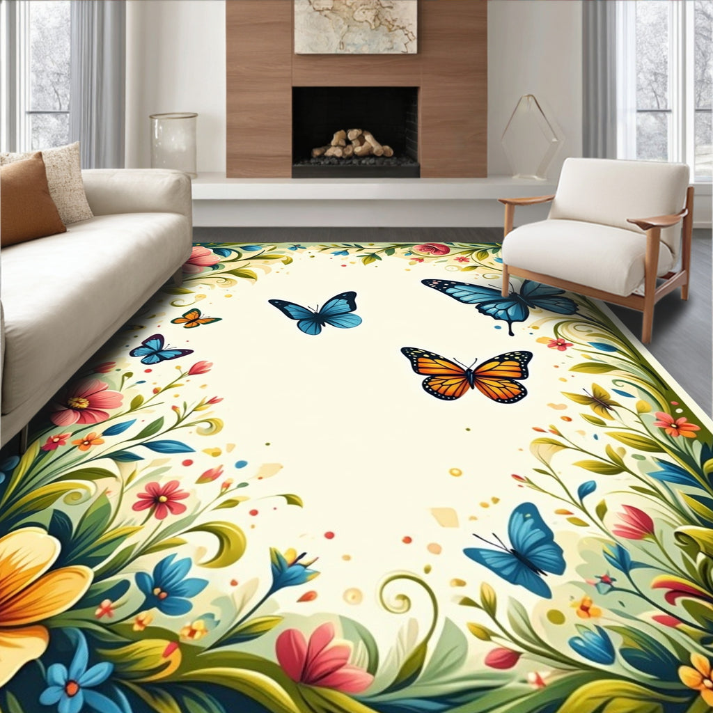 Floral Meadow Butterfly Garden Design Rug