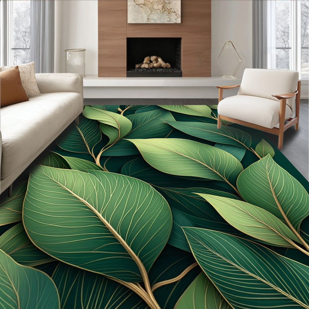 Lush Green Leaf Vein Pattern Rug
