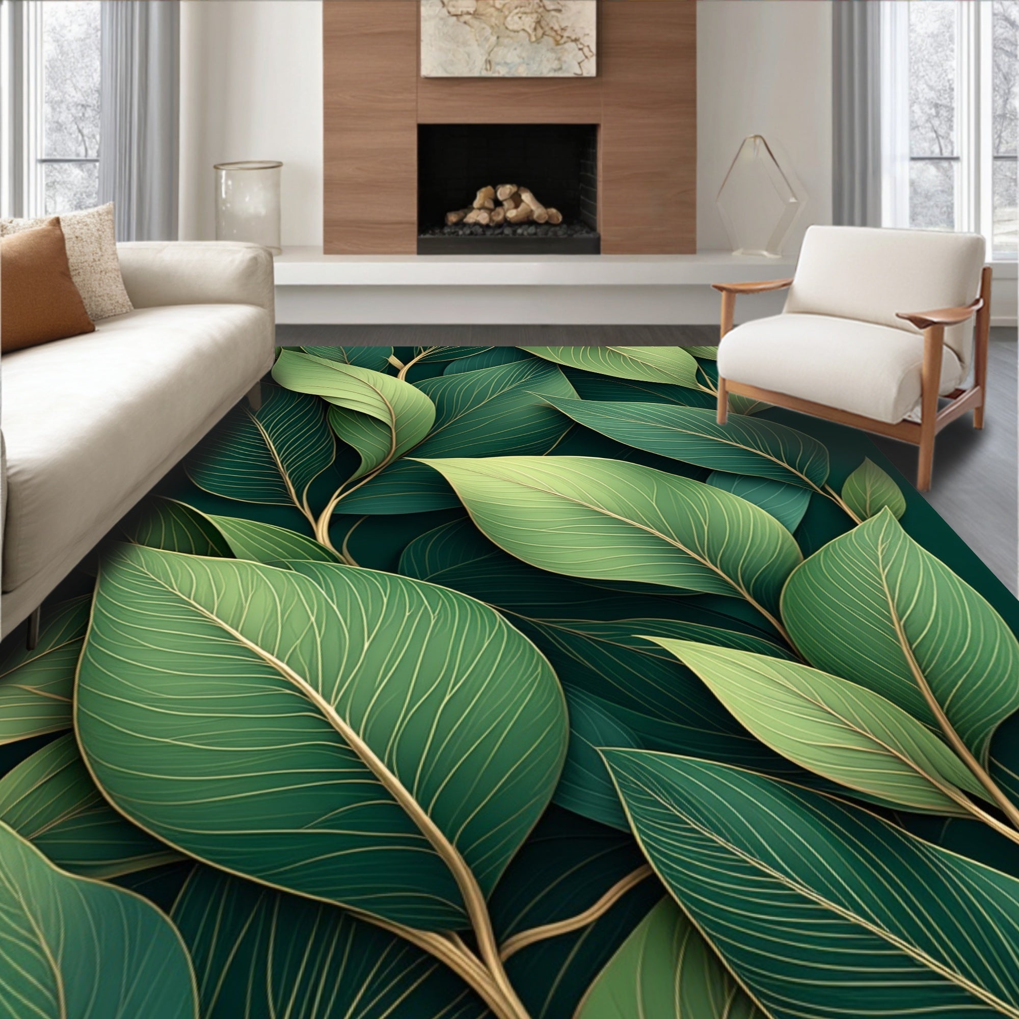 Lush Green Leaf Vein Pattern Rug