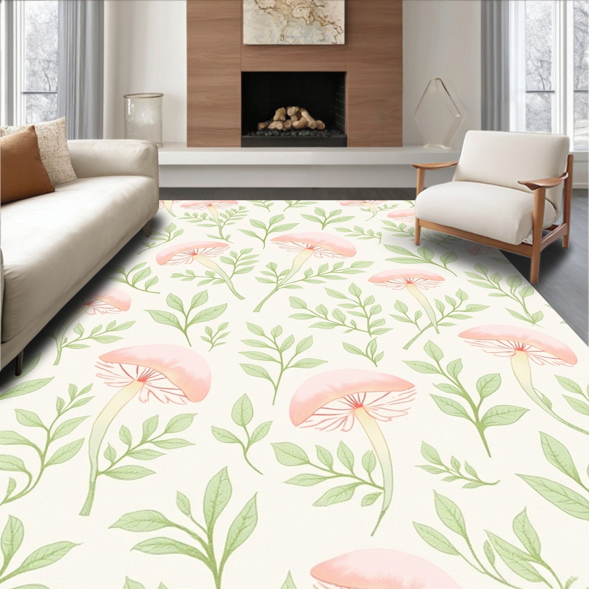 Pink Mushroom Leaf Pattern Rug