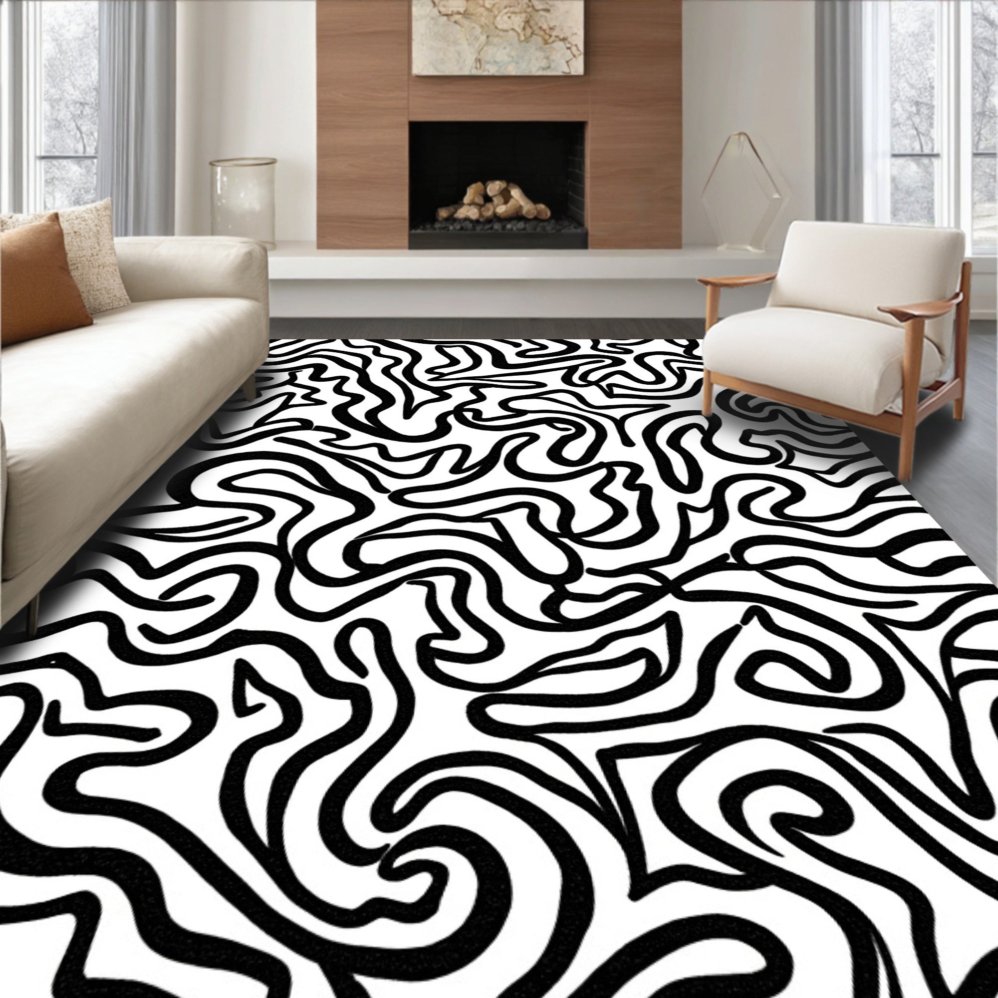 Abstract Black Wavy Pattern Rug