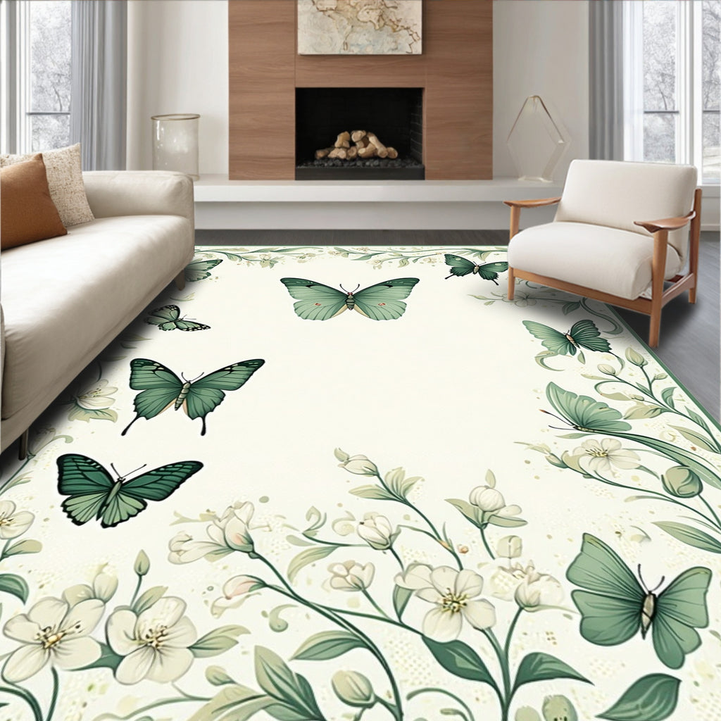 Elegant Green Butterfly Floral Garden Rug