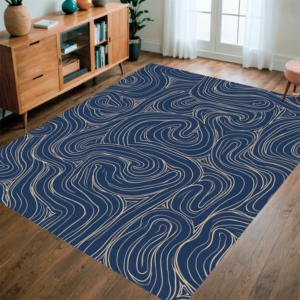 Flowing Swirls Ink Line Art Rug