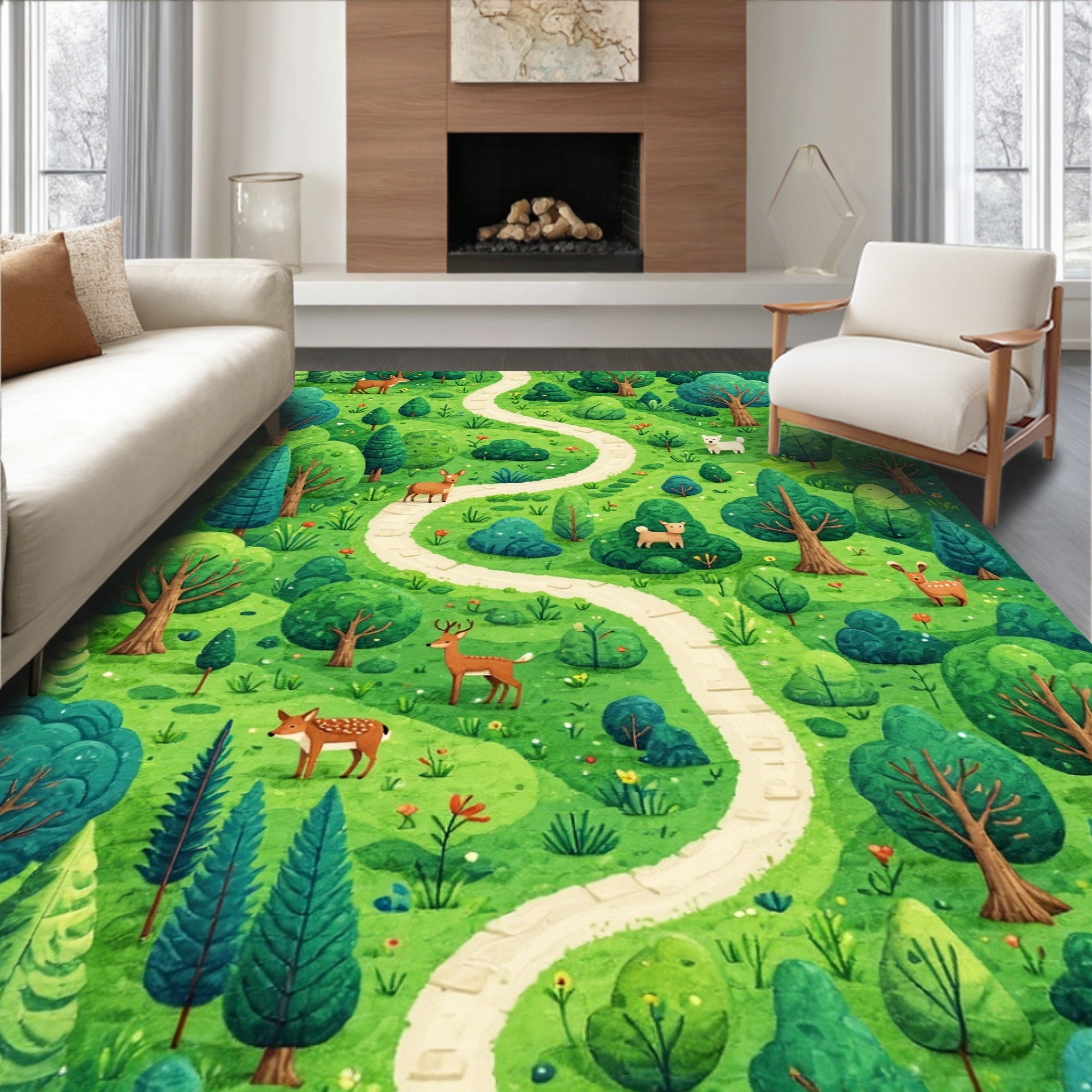 Whimsical Forest Path Woodland Creatures Rug