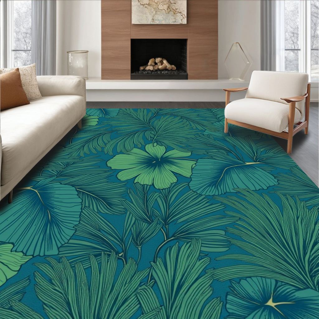 Tropical Leaf and Flower Pattern Rug
