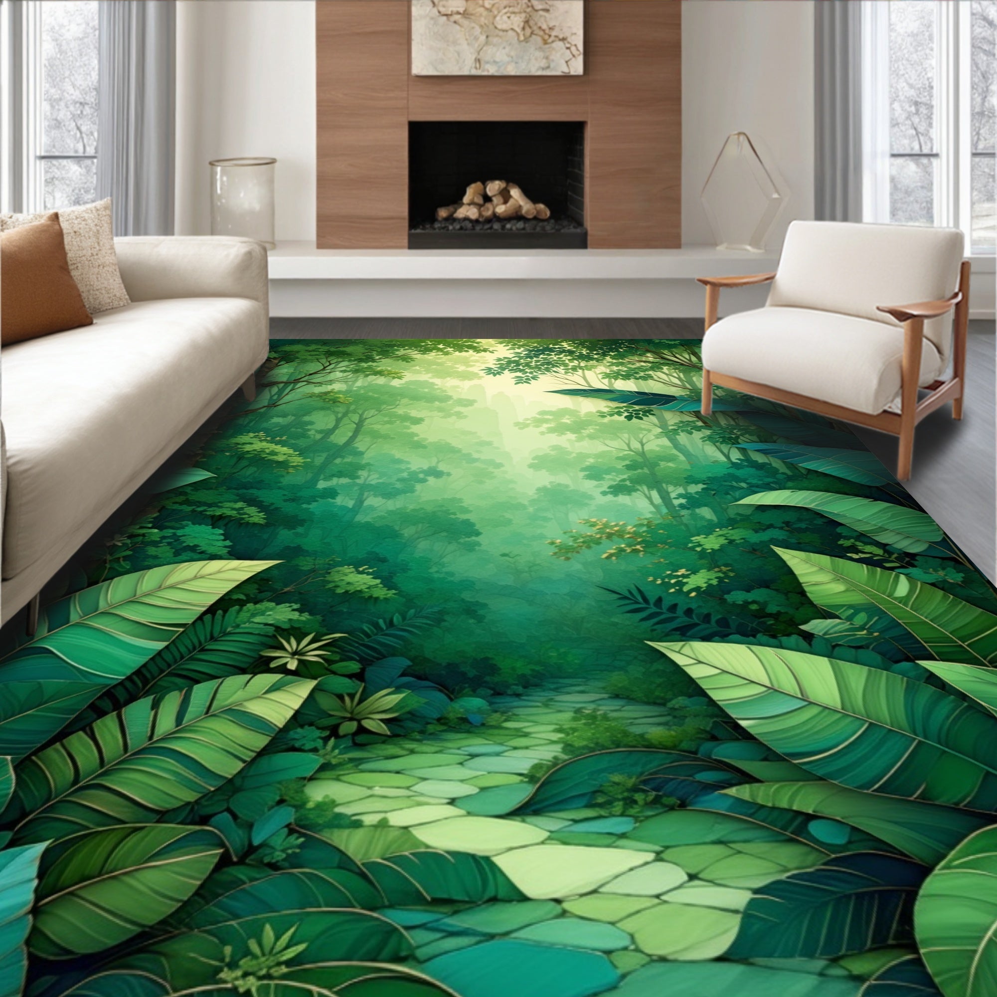Lush Tropical Jungle Leaf Pattern Rug