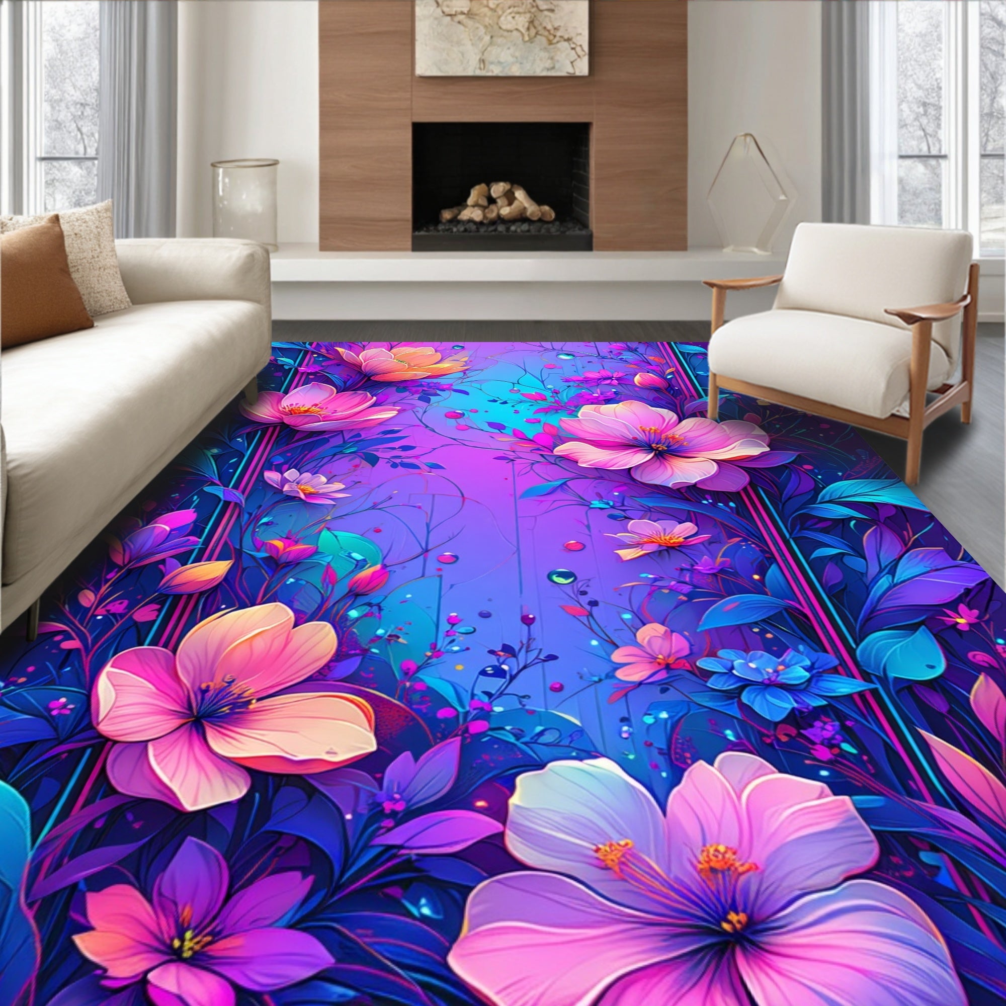 Vibrant Floral Neon Bloom Design Rug