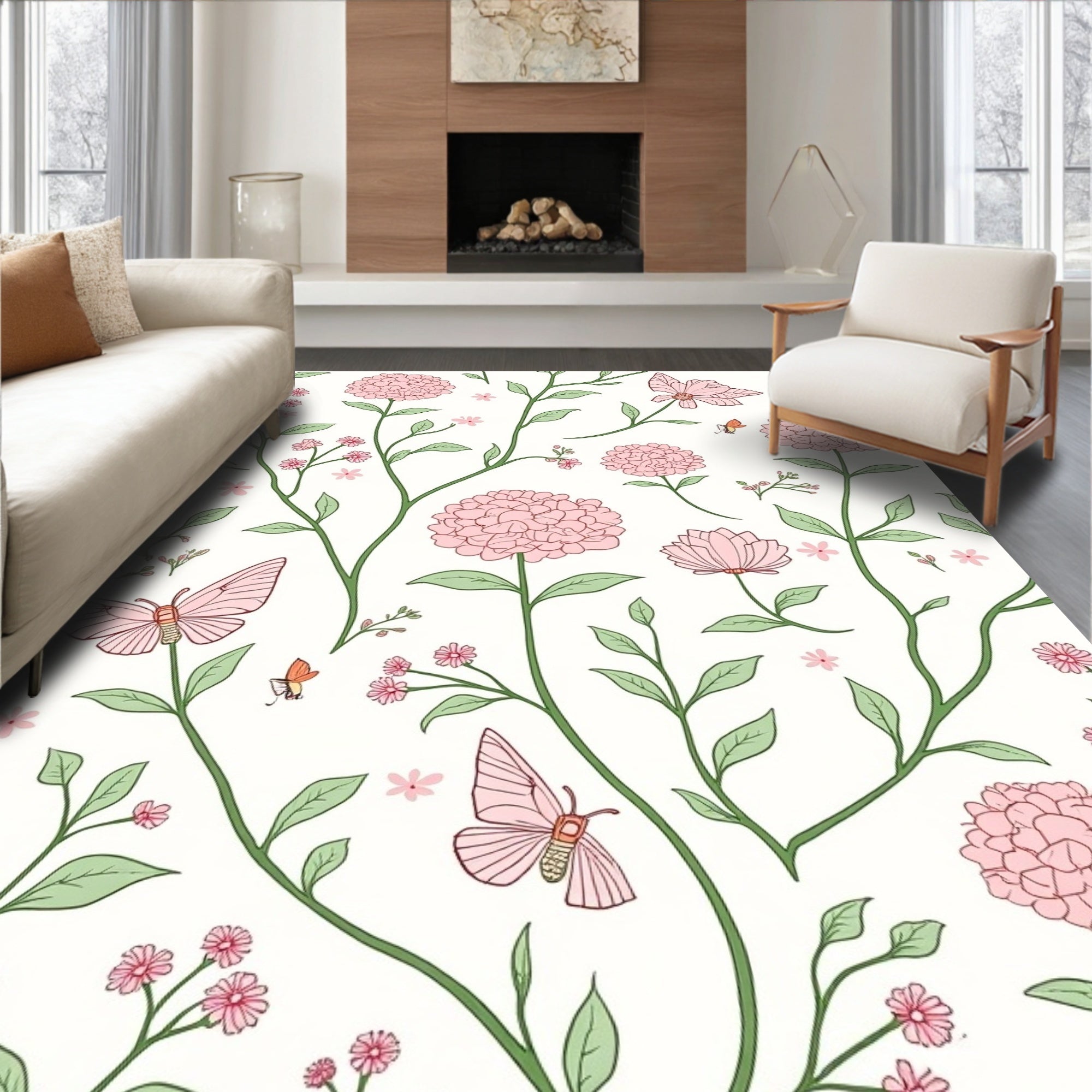 Charming Pink Flower Butterfly Pattern Rug