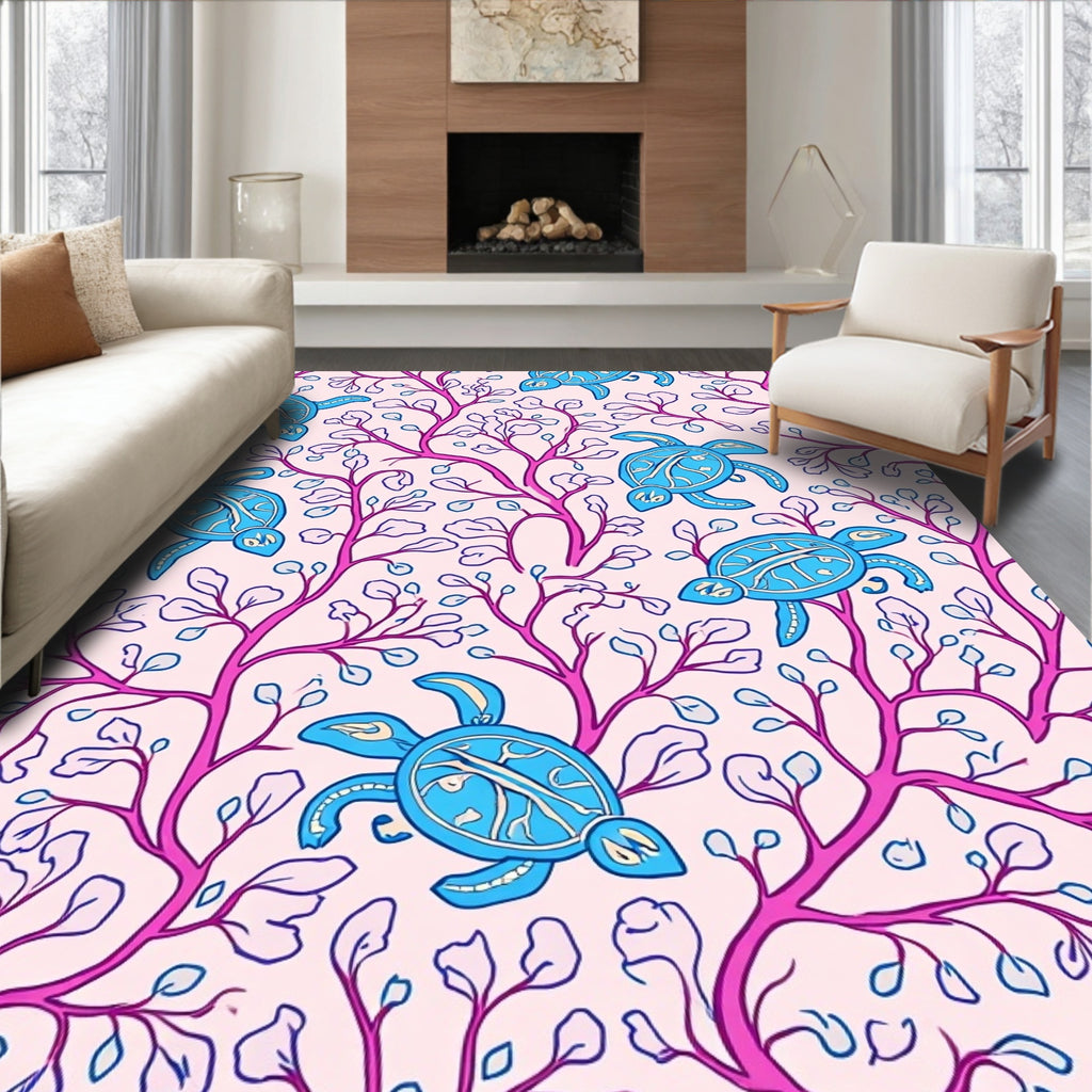 Whimsical Blue Turtles Pink Coral Pattern Rug