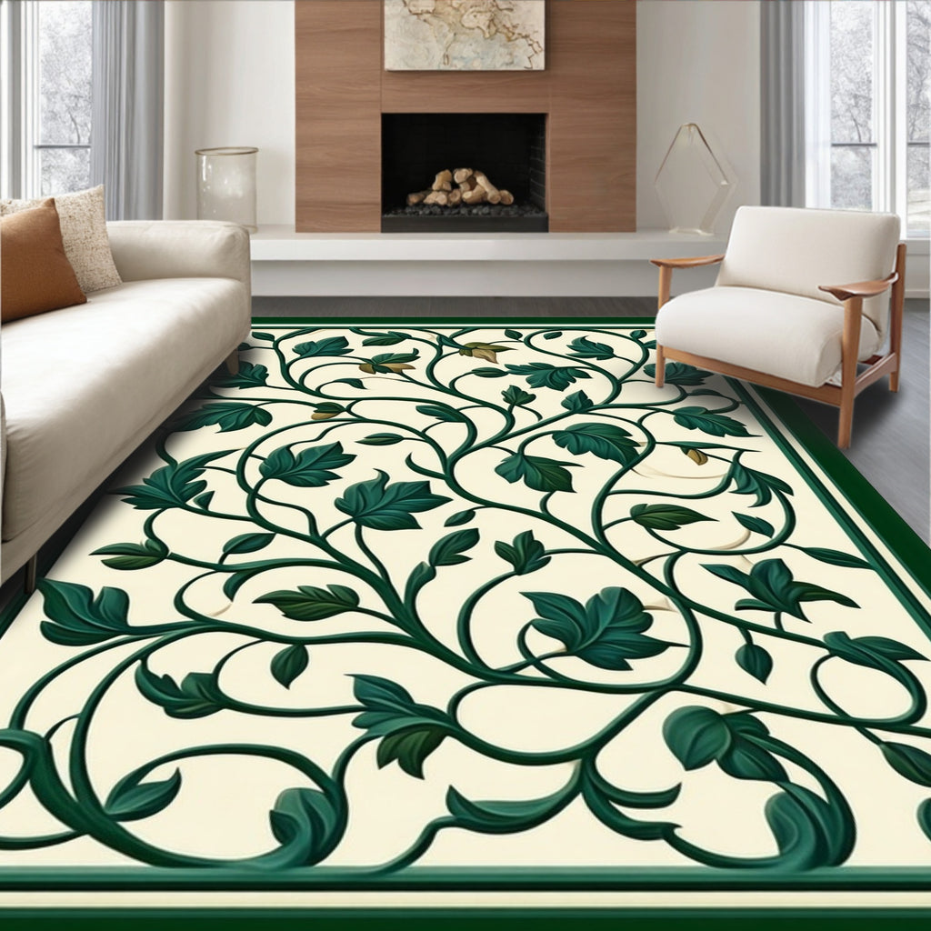Dark Green Floral Swirl Pattern Rug
