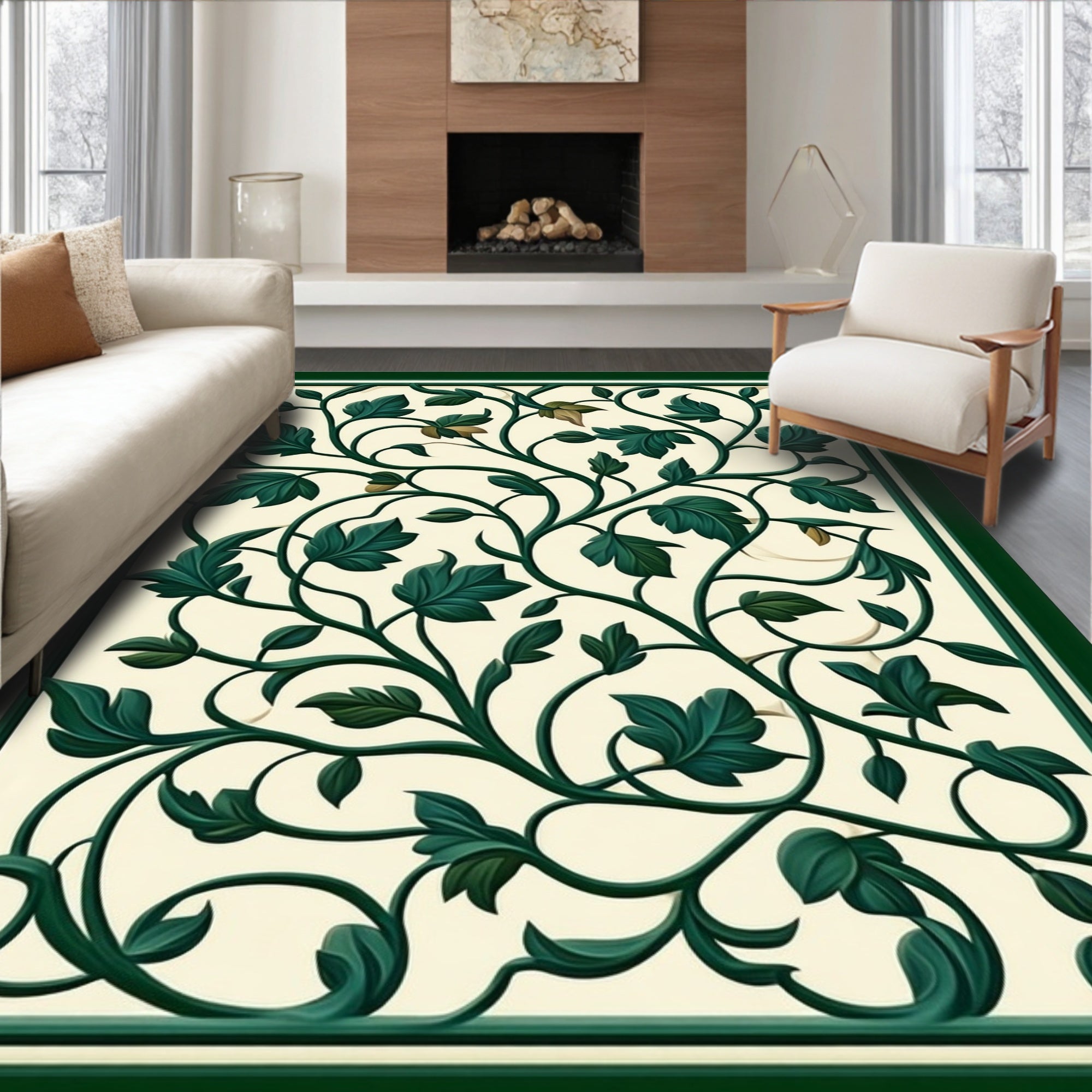 Dark Green Floral Swirl Pattern Rug