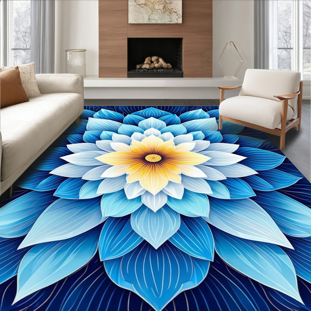 Intricate Blue Yellow Floral Mandala Design Rug