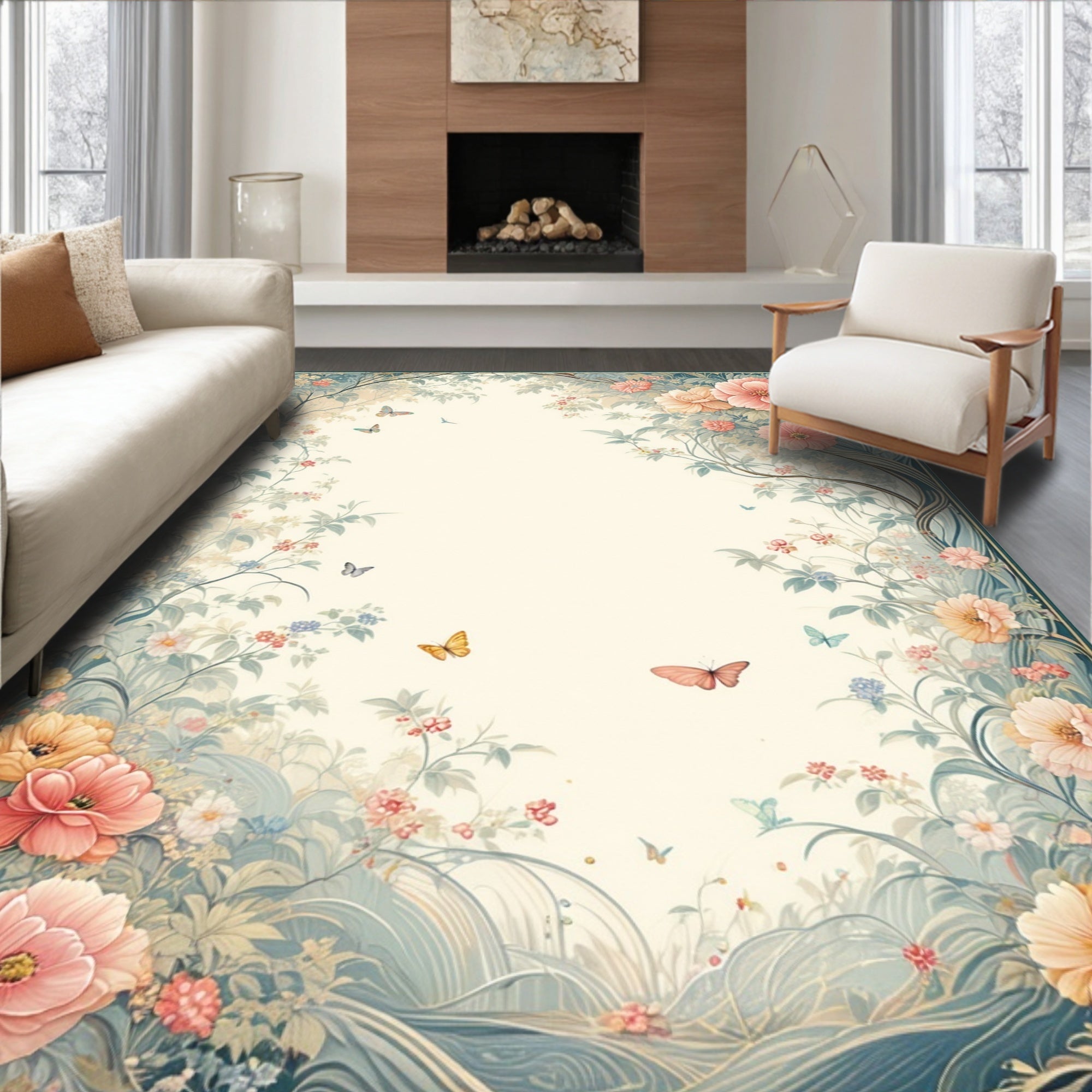 Whimsical Floral Butterfly Garden Design Rug