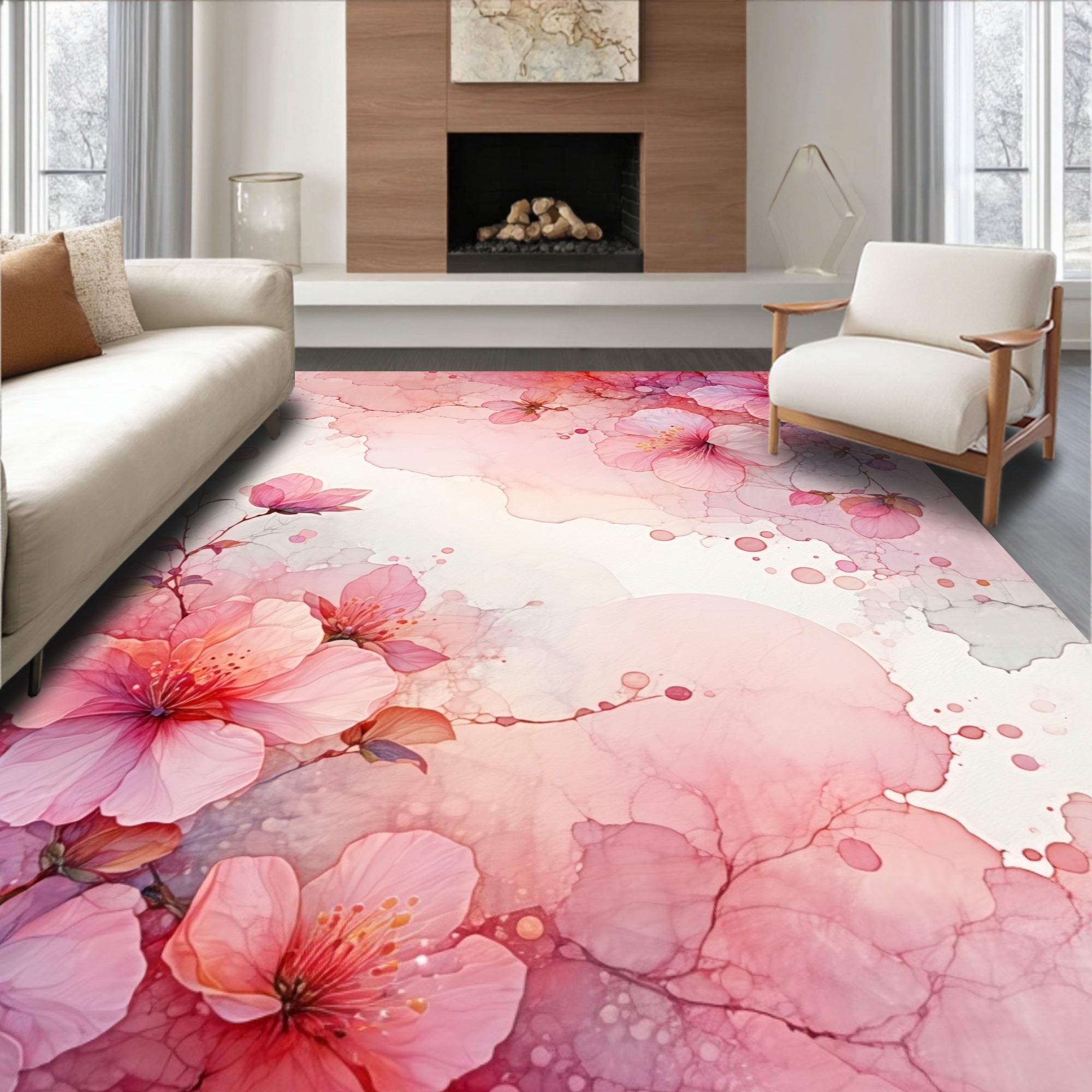 Soft Pink Blossom Watercolor Design Rug