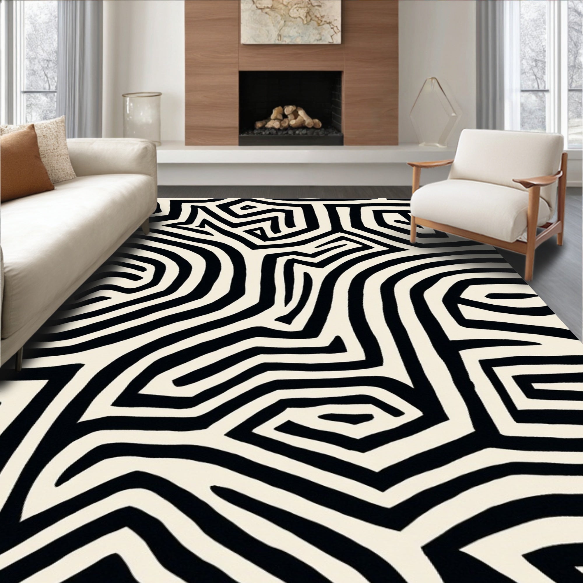 Bold Black White Abstract Maze Rug