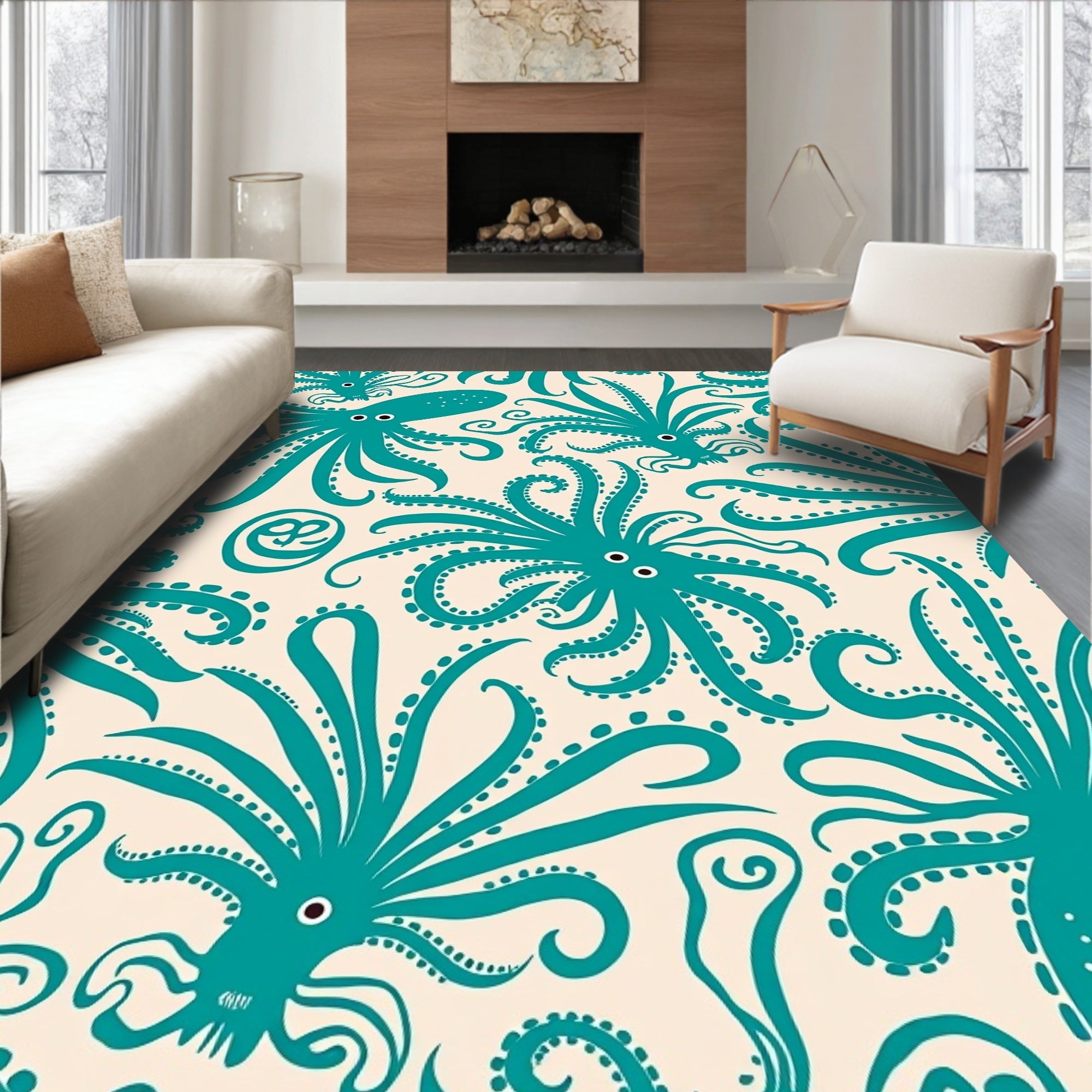 Teal Octopus Whimsical Pattern Rug