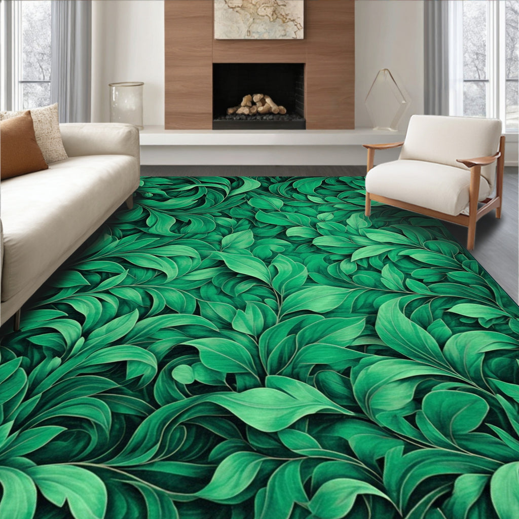 Lush Green Leaf Scroll Pattern Rug