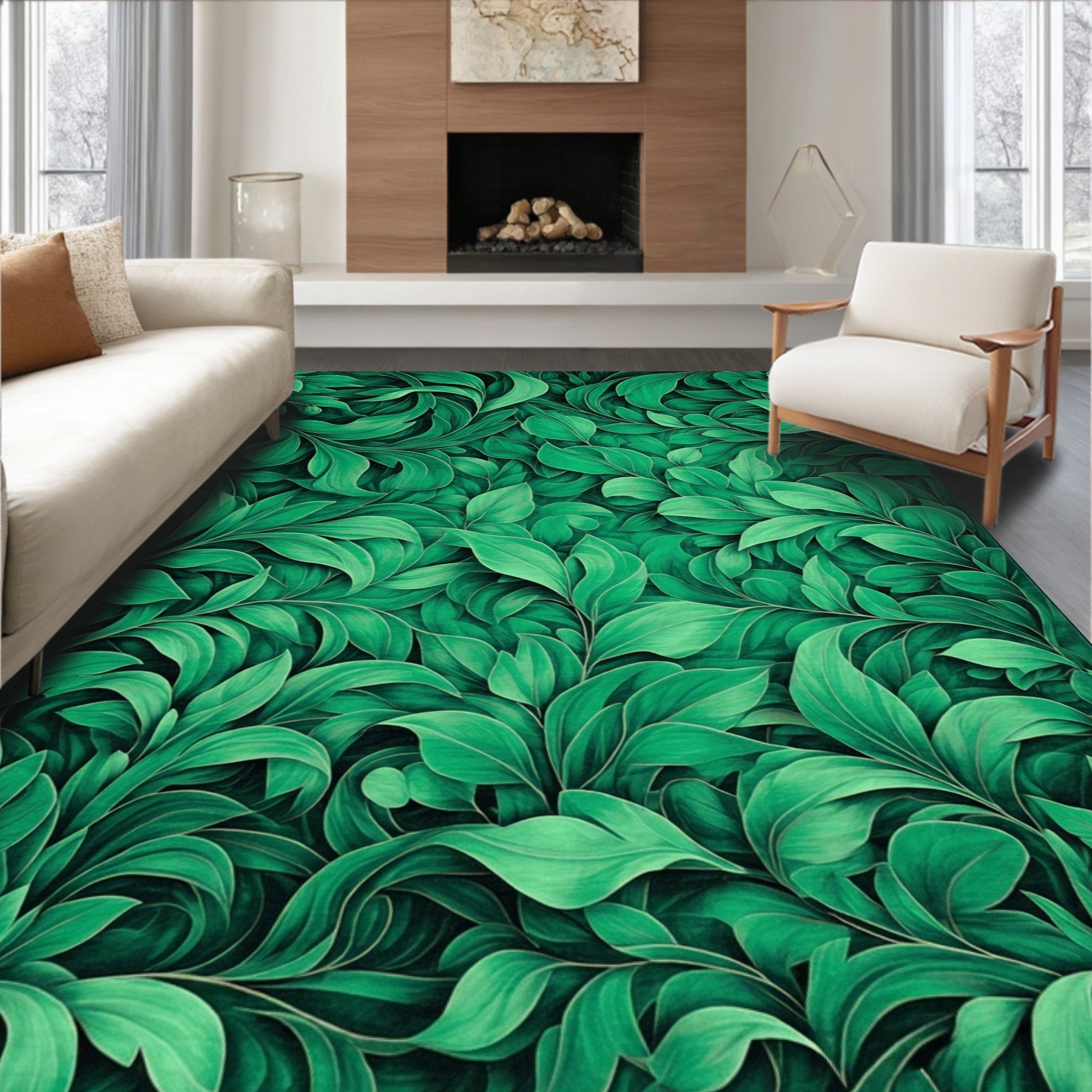 Lush Green Leaf Scroll Pattern Rug