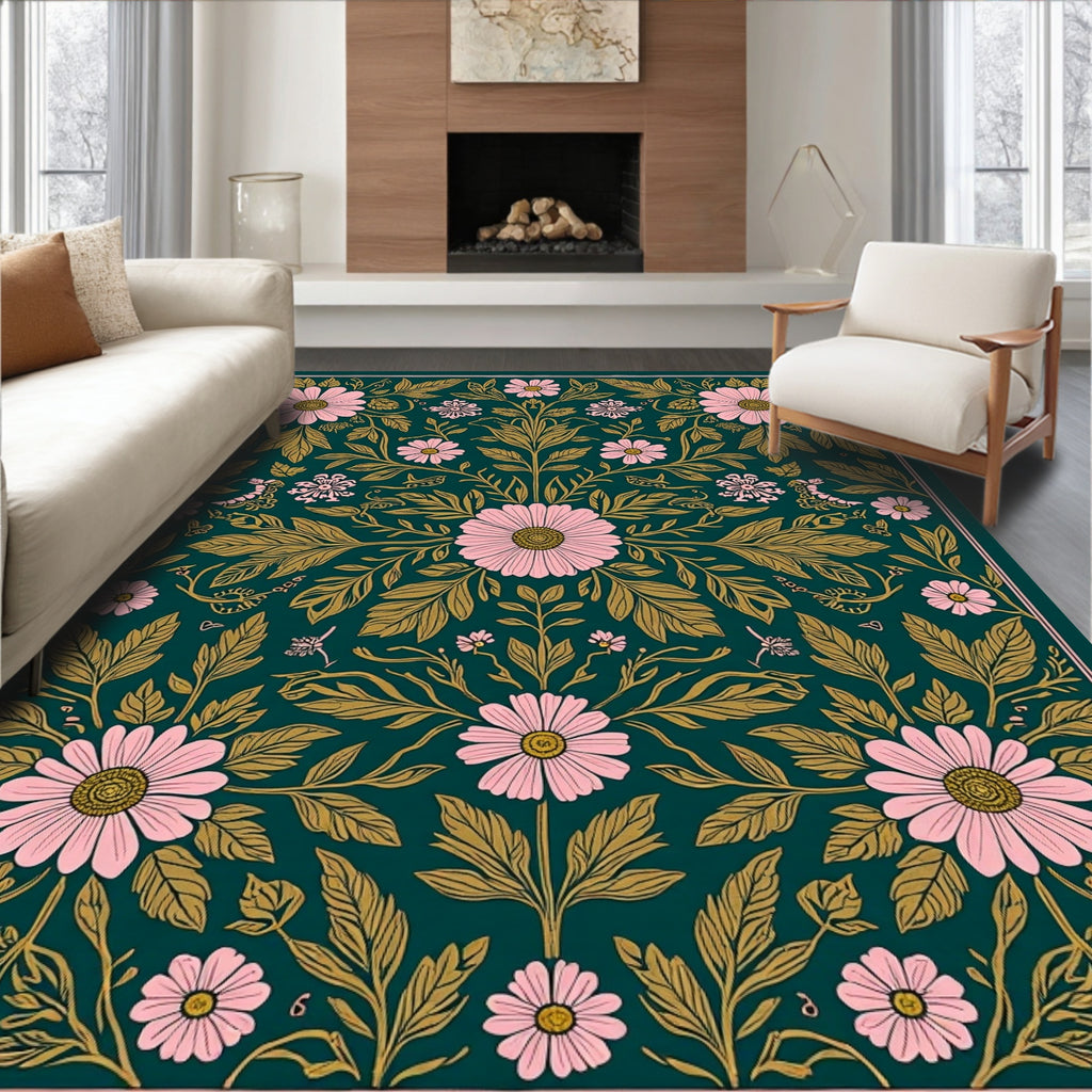 Pink Floral Botanical Pattern Rug