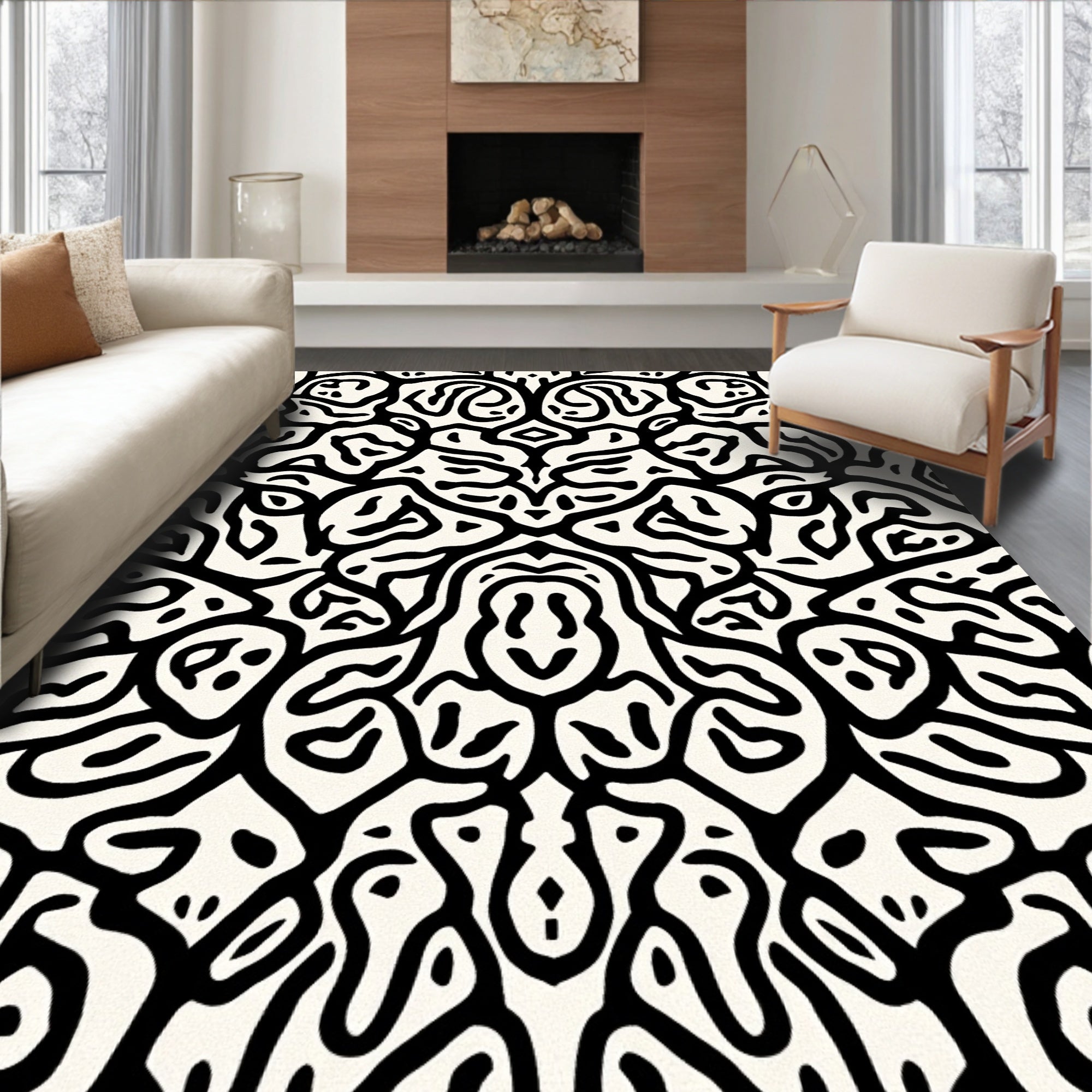 Organic Abstract Black White Pattern Rug