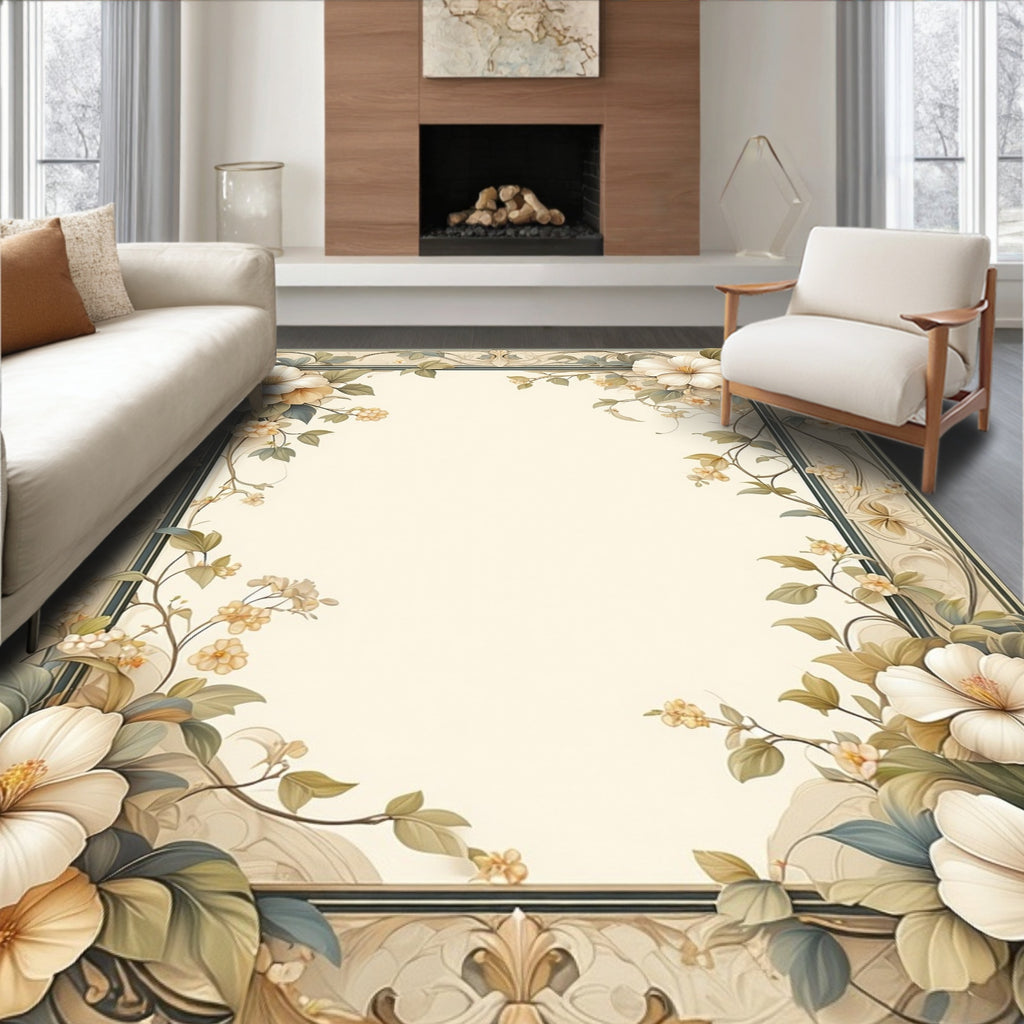 Cream Floral Vine Patterned Rug