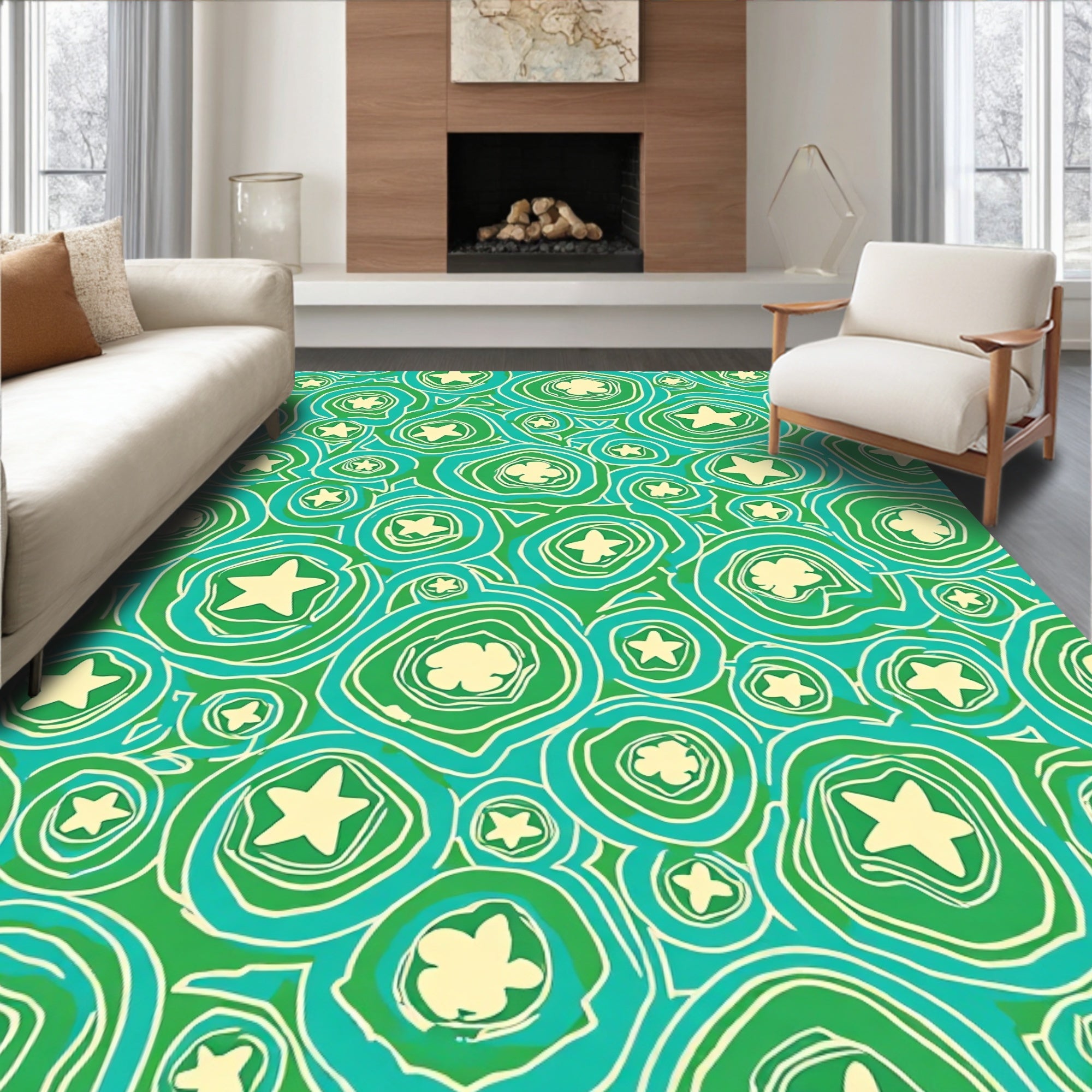 Green Aqua Star Swirl Pattern Rug