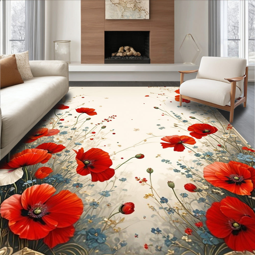 Vibrant Red Poppy Meadow Floral Design Rug
