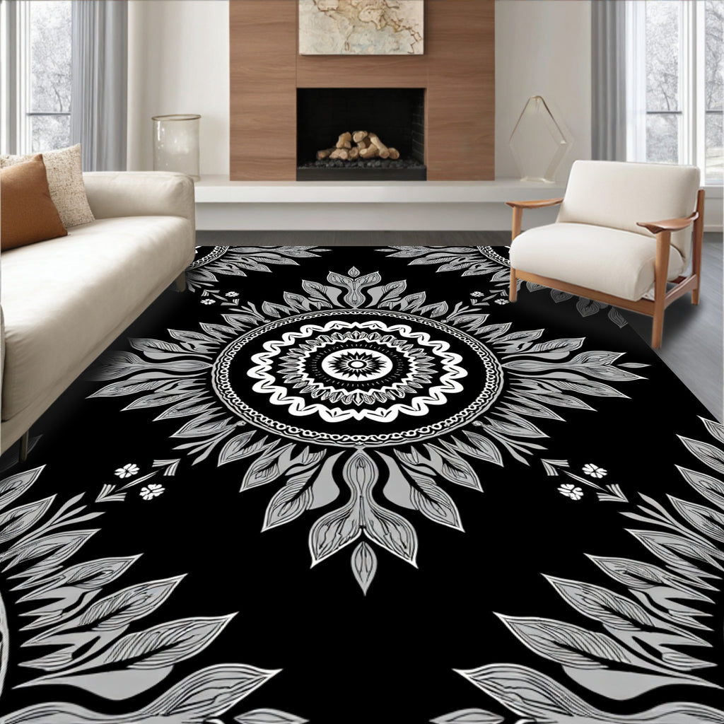 Monochromatic Sunburst Mandala Pattern Rug