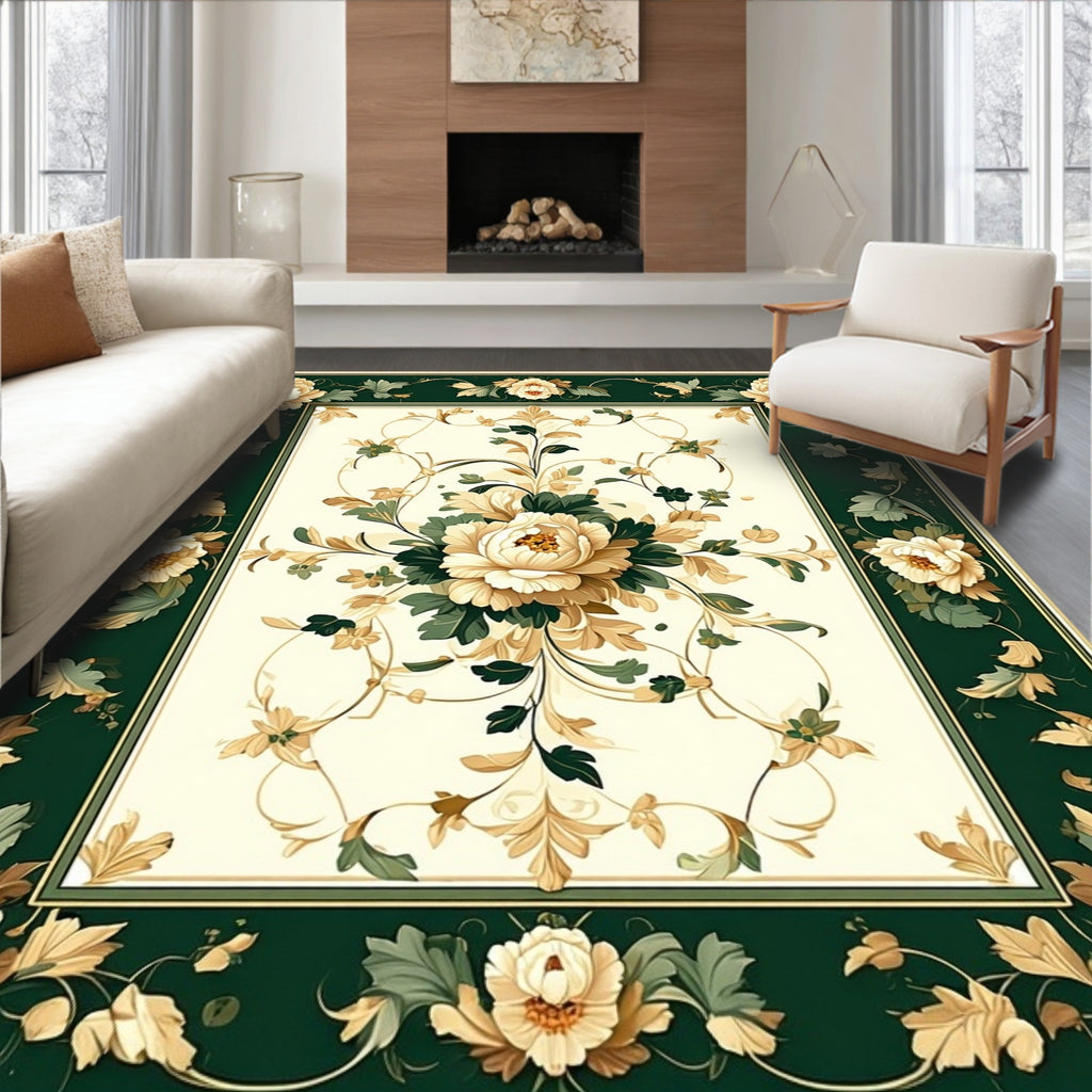 Elegant Floral Scrollwork Ivory Green Rug