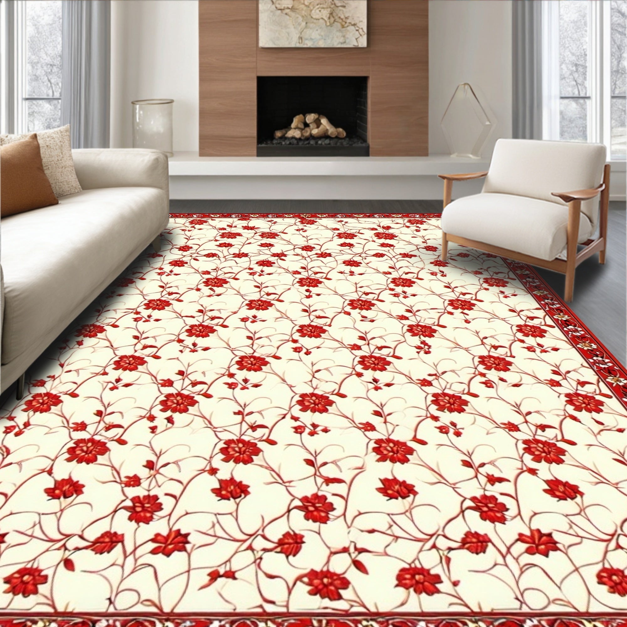 Classic Red Floral Botanical Pattern Rug