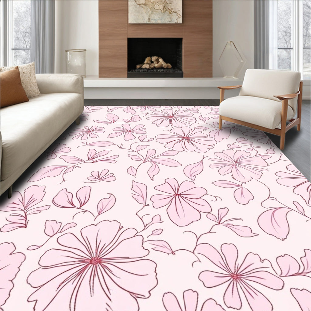 Pink Outline Floral Pattern Rug