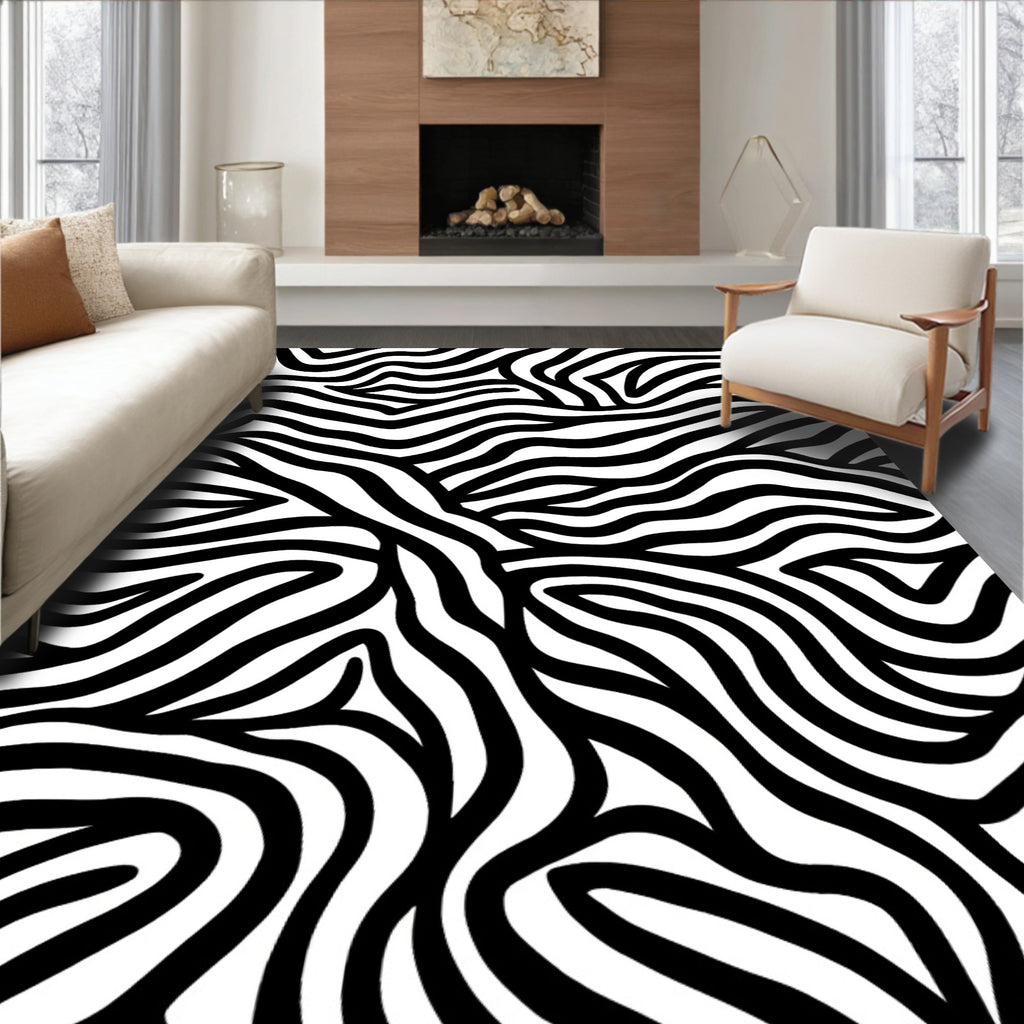 Bold Black White Wavy Stripes Rug
