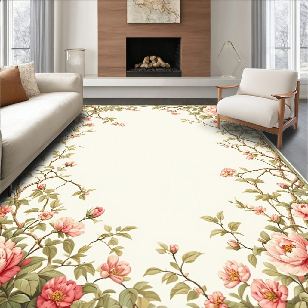 Vintage Pink Peony Branch Floral Accent Rug