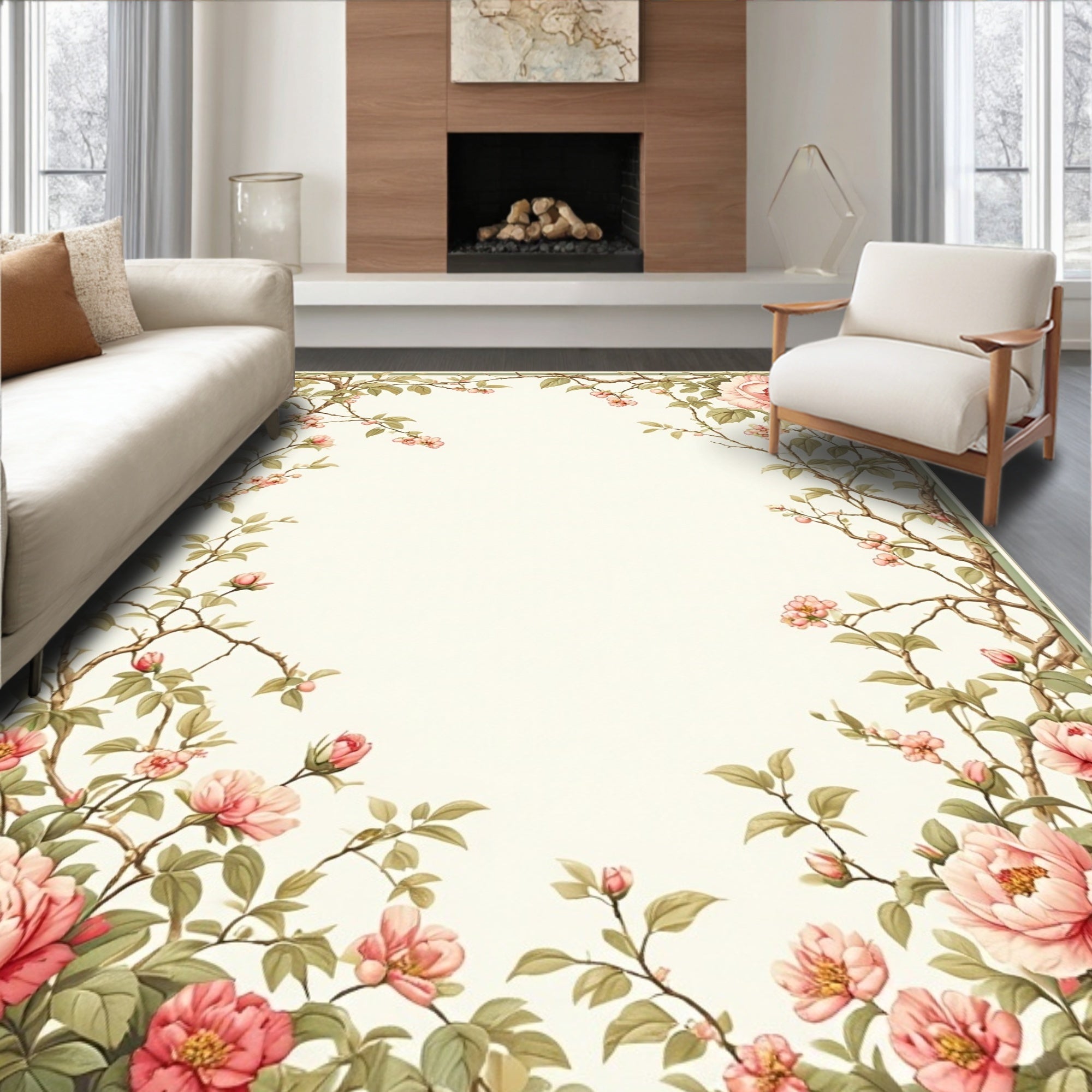 Vintage Pink Peony Branch Floral Accent Rug