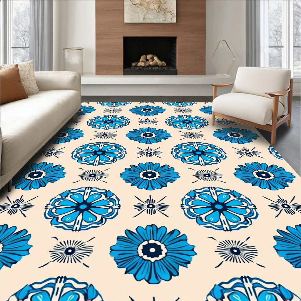 Blue Floral Mandala Pattern Design Rug