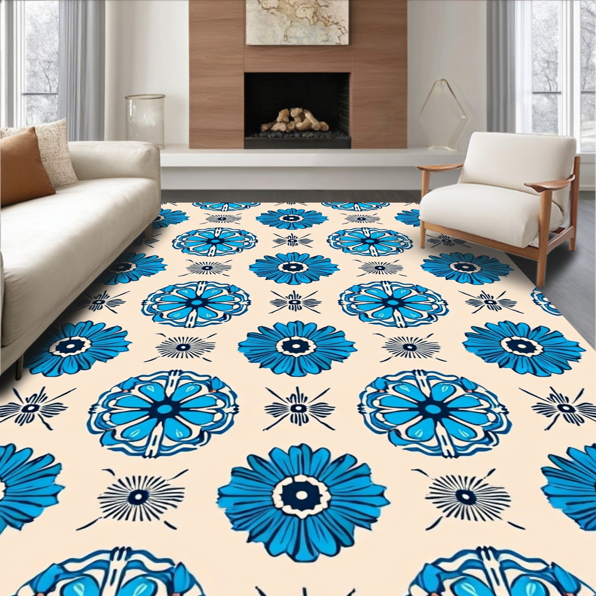 Blue Floral Mandala Pattern Design Rug