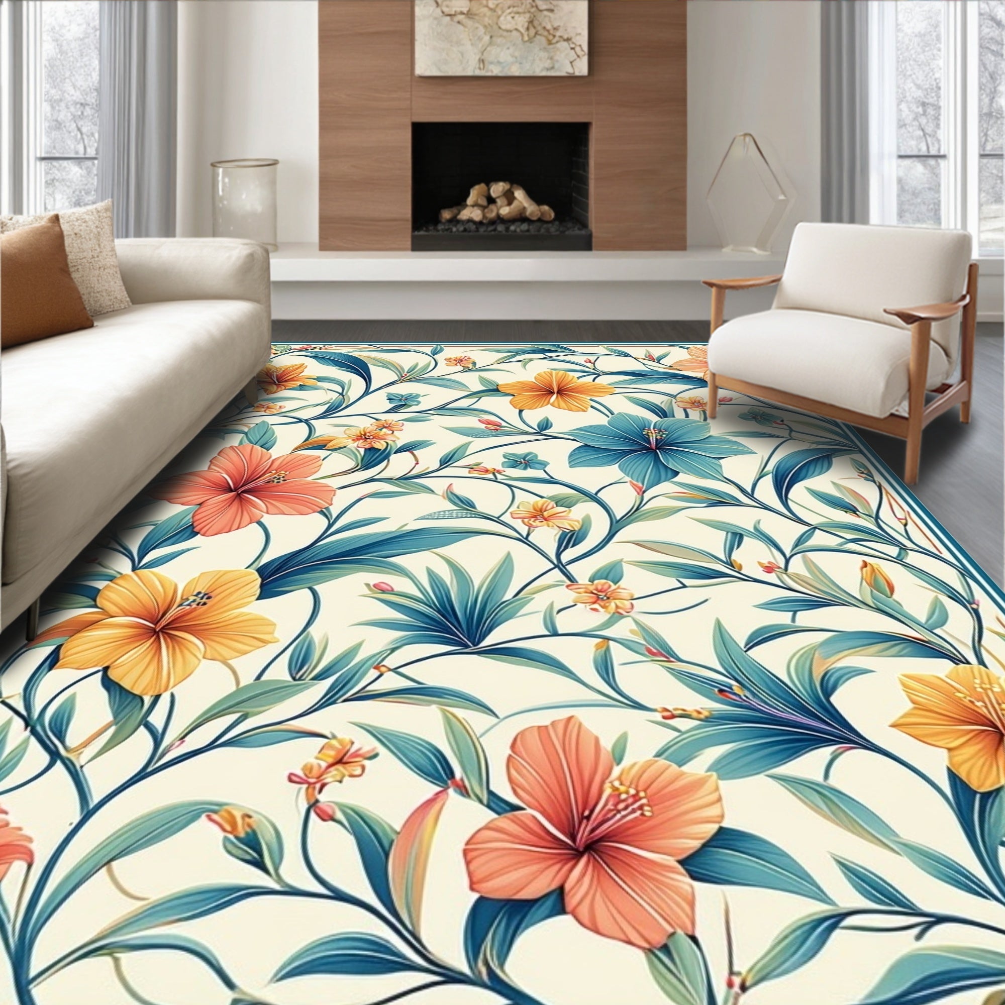 Vibrant Tropical Floral Vine Pattern Rug